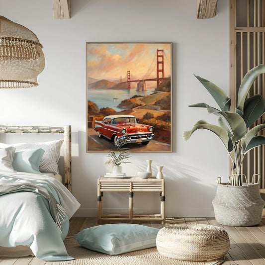 Scenic sunset landscape painting featuring a classic red car near a bridge in a cozy modern bedroom