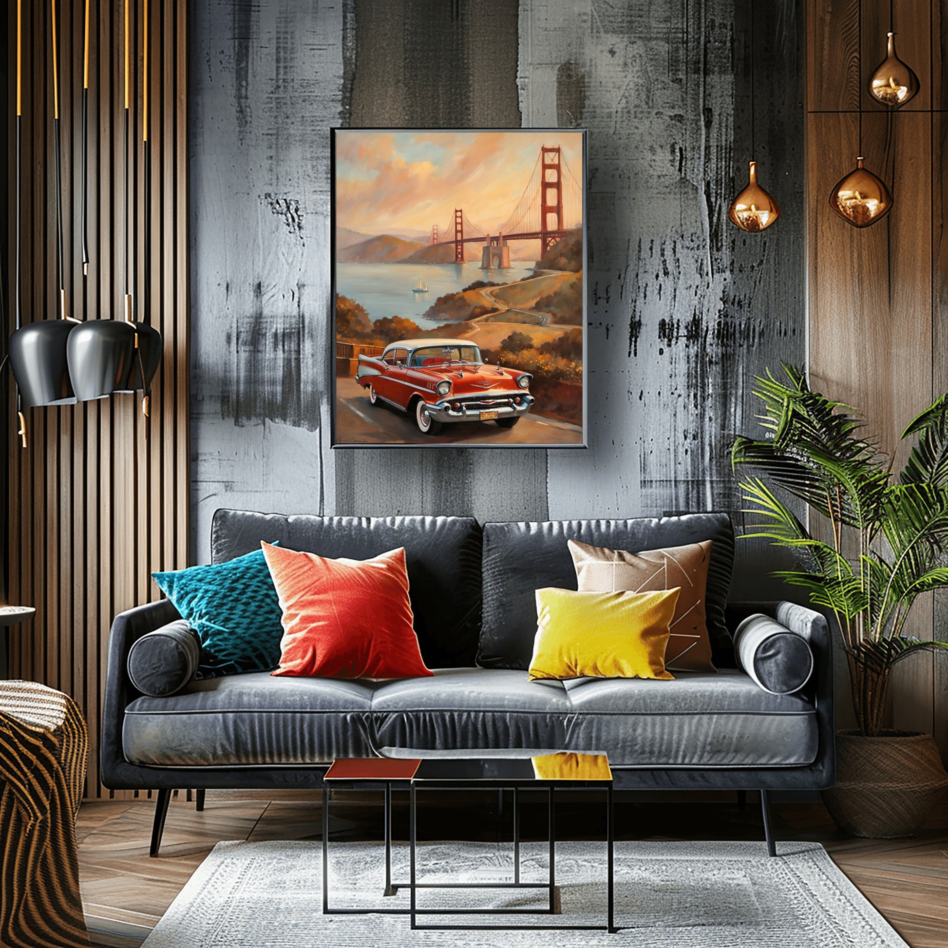 Scenic sunset landscape painting of a red car and bridge displayed above a modern sofa with colorful pillows