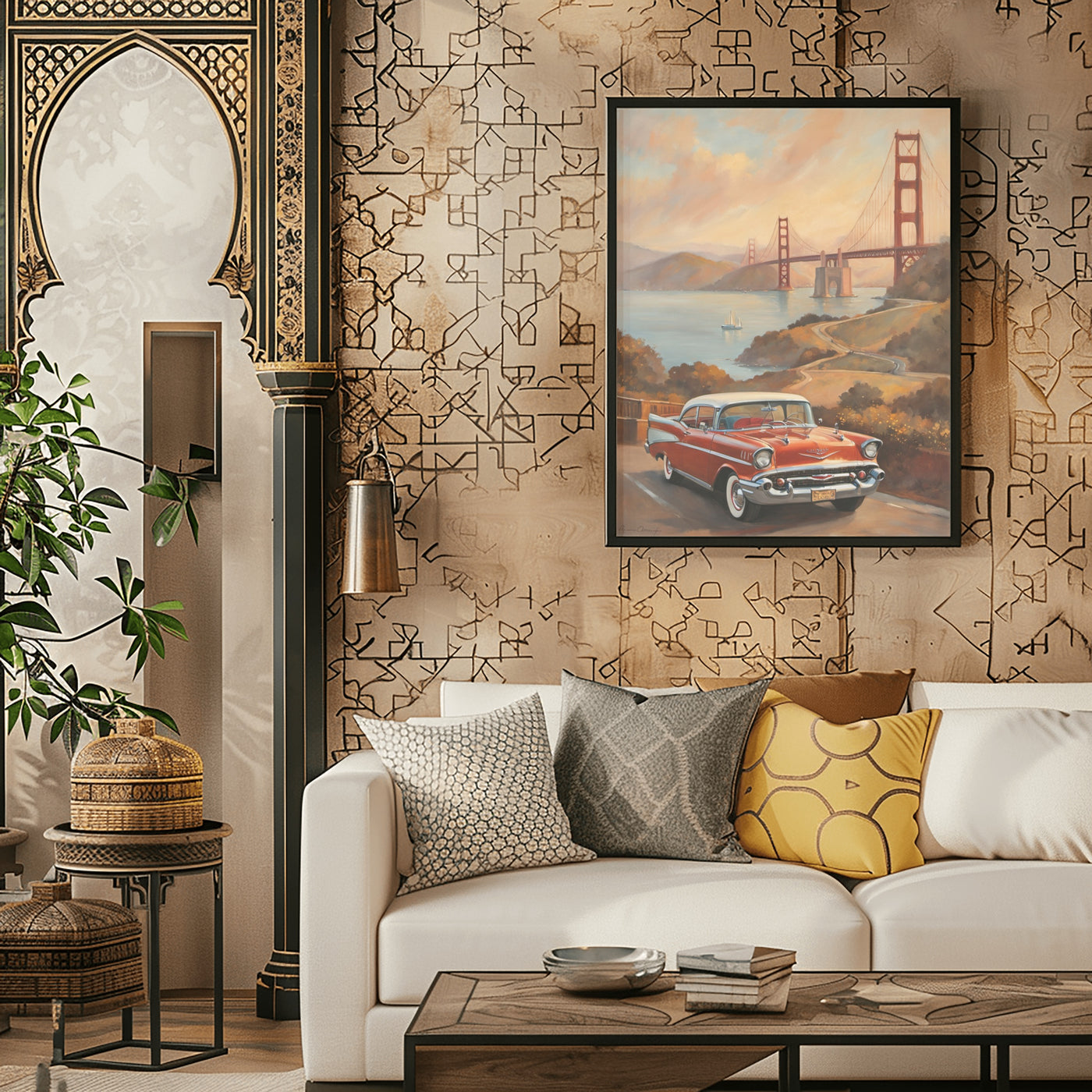 AquilVision scenic sunset landscape painting featuring a vintage car and bridge hanging above a sofa in a stylish living room