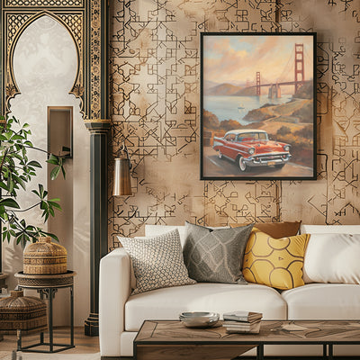 AquilVision scenic sunset landscape painting featuring a vintage car and bridge hanging above a sofa in a stylish living room