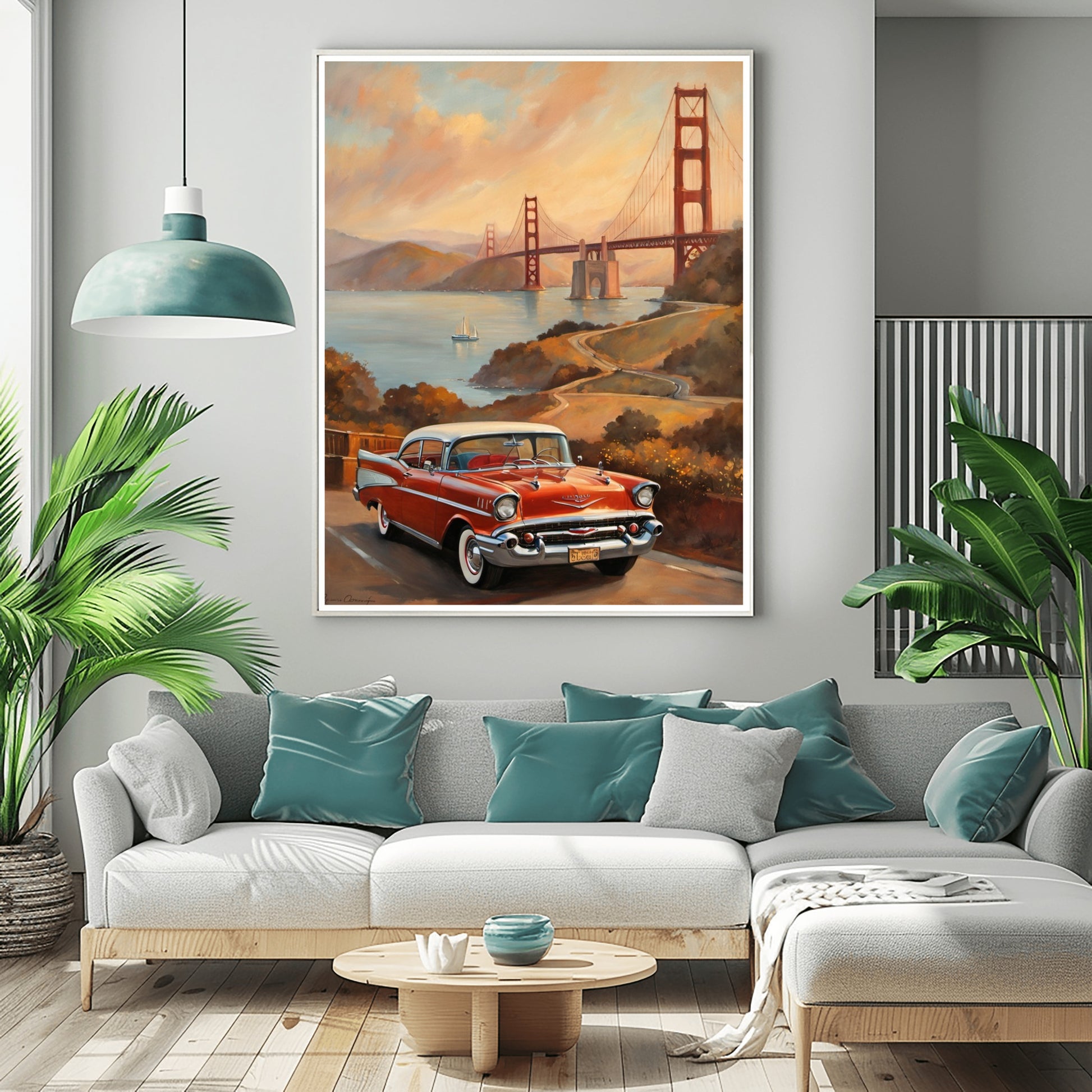 AquilVision scenic sunset landscape painting featuring a vintage red car and Golden Gate Bridge in warm colors
