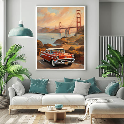 AquilVision scenic sunset landscape painting featuring a vintage red car and Golden Gate Bridge in warm colors