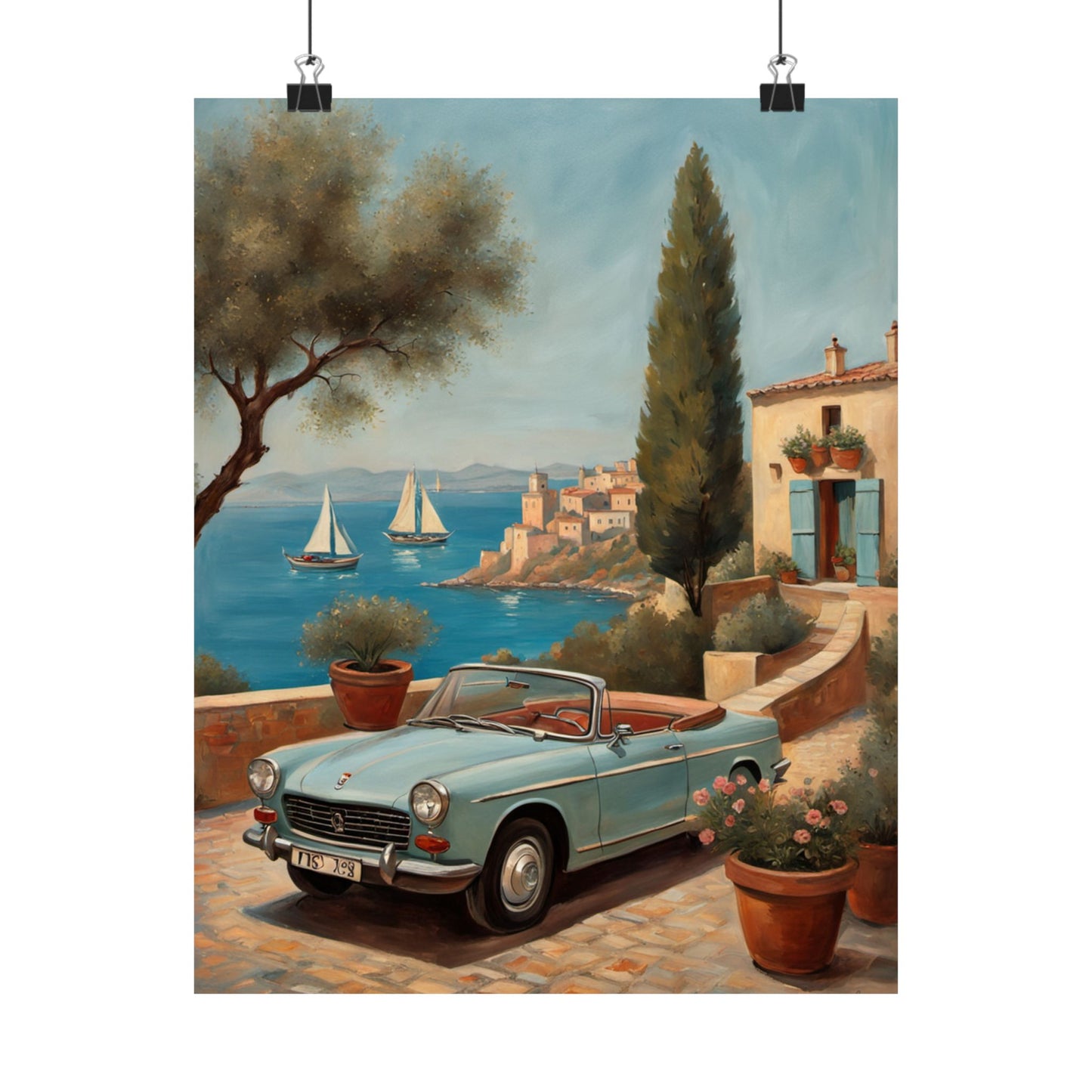 Scenic Vintage Car Art Matte Vertical Posters featuring a blue convertible by the coast with sailboats in the background