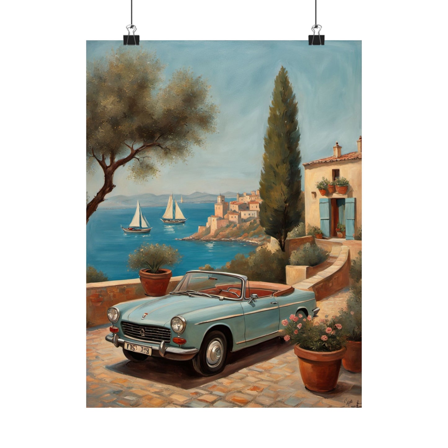 Scenic Vintage Car Art Matte Vertical Posters featuring a classic car by the seaside with boats and a picturesque background