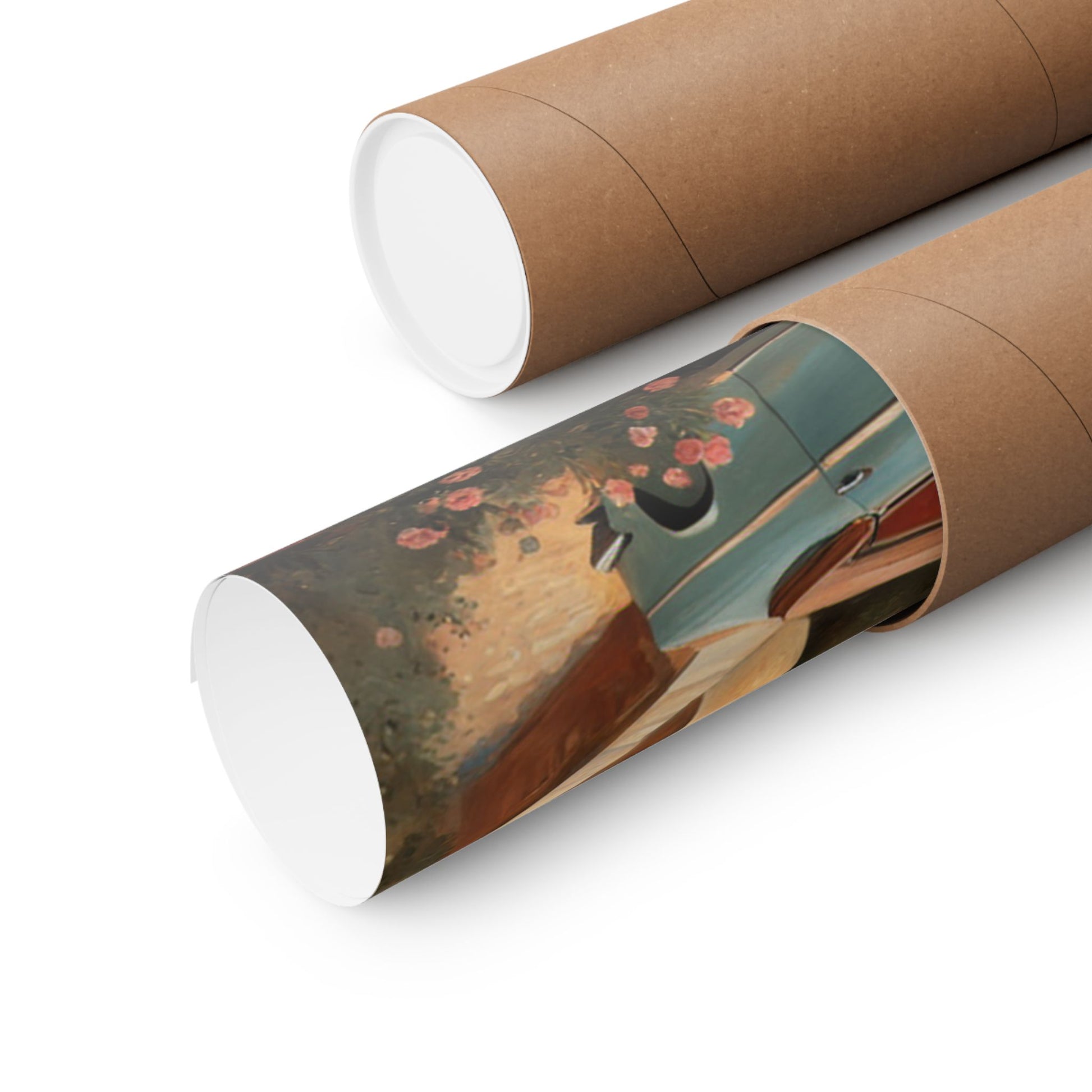 Scenic Vintage Car Art Matte Vertical Posters rolled and ready for display with attractive design