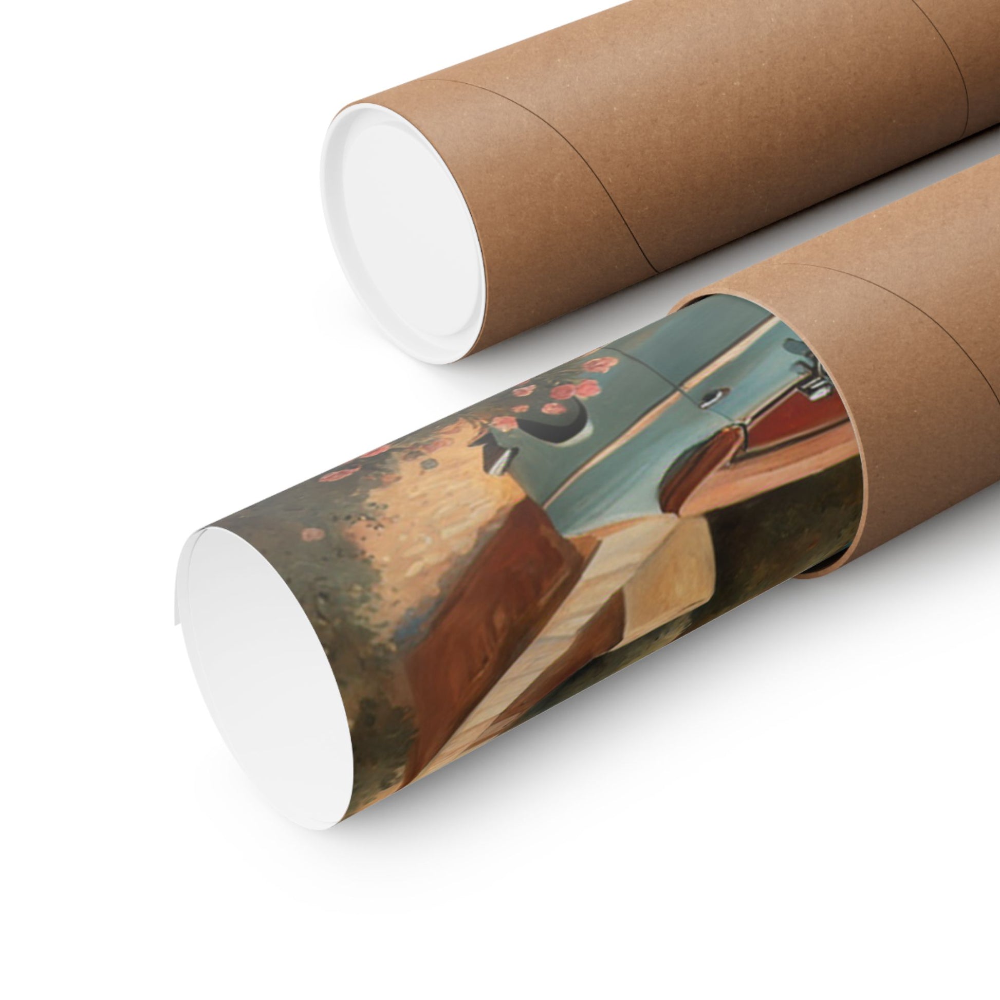 Scenic Vintage Car Art Matte Vertical Posters rolled in a protective tube for easy storage and transport