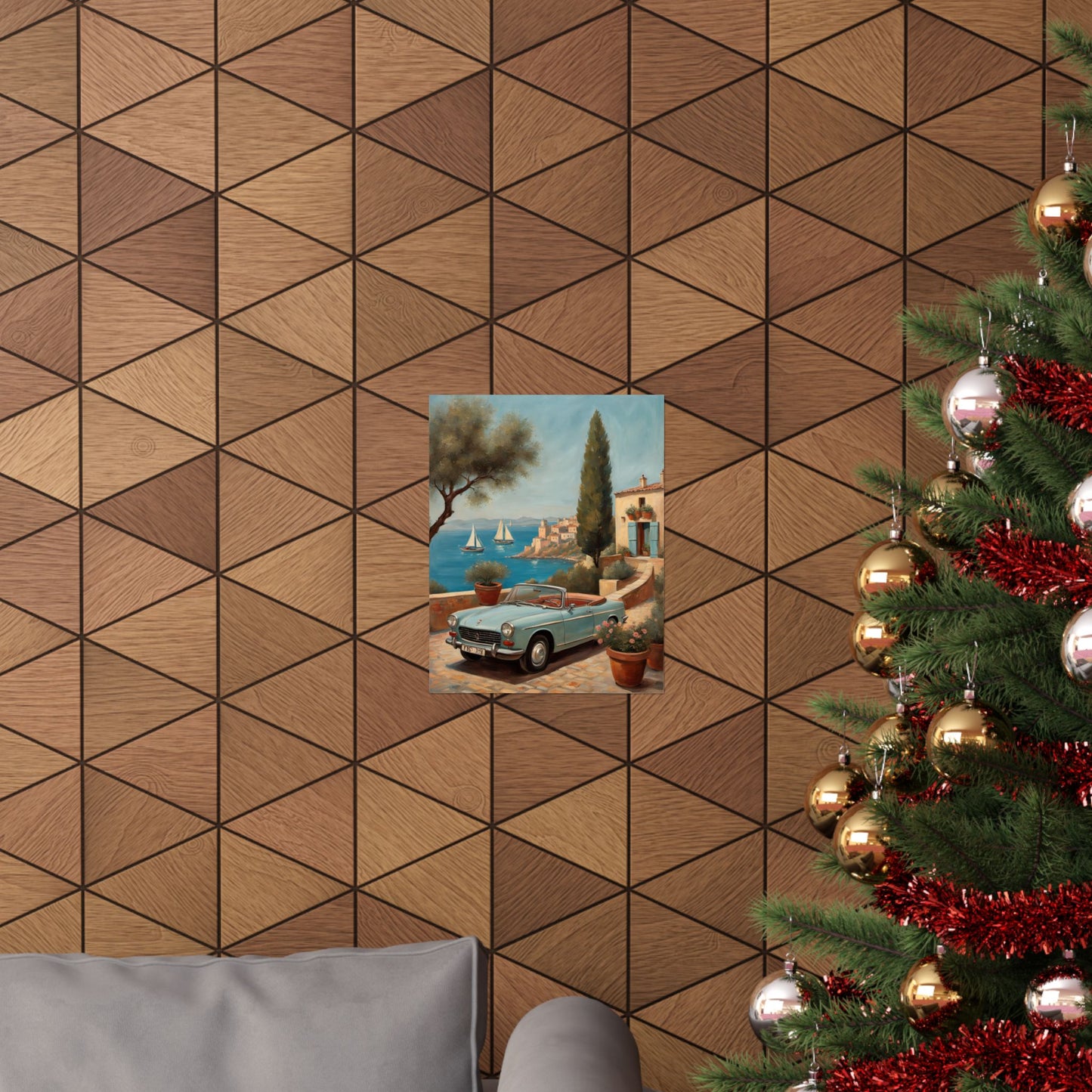 Scenic Vintage Car Art Matte Vertical Posters displayed on a wooden wall with holiday decor