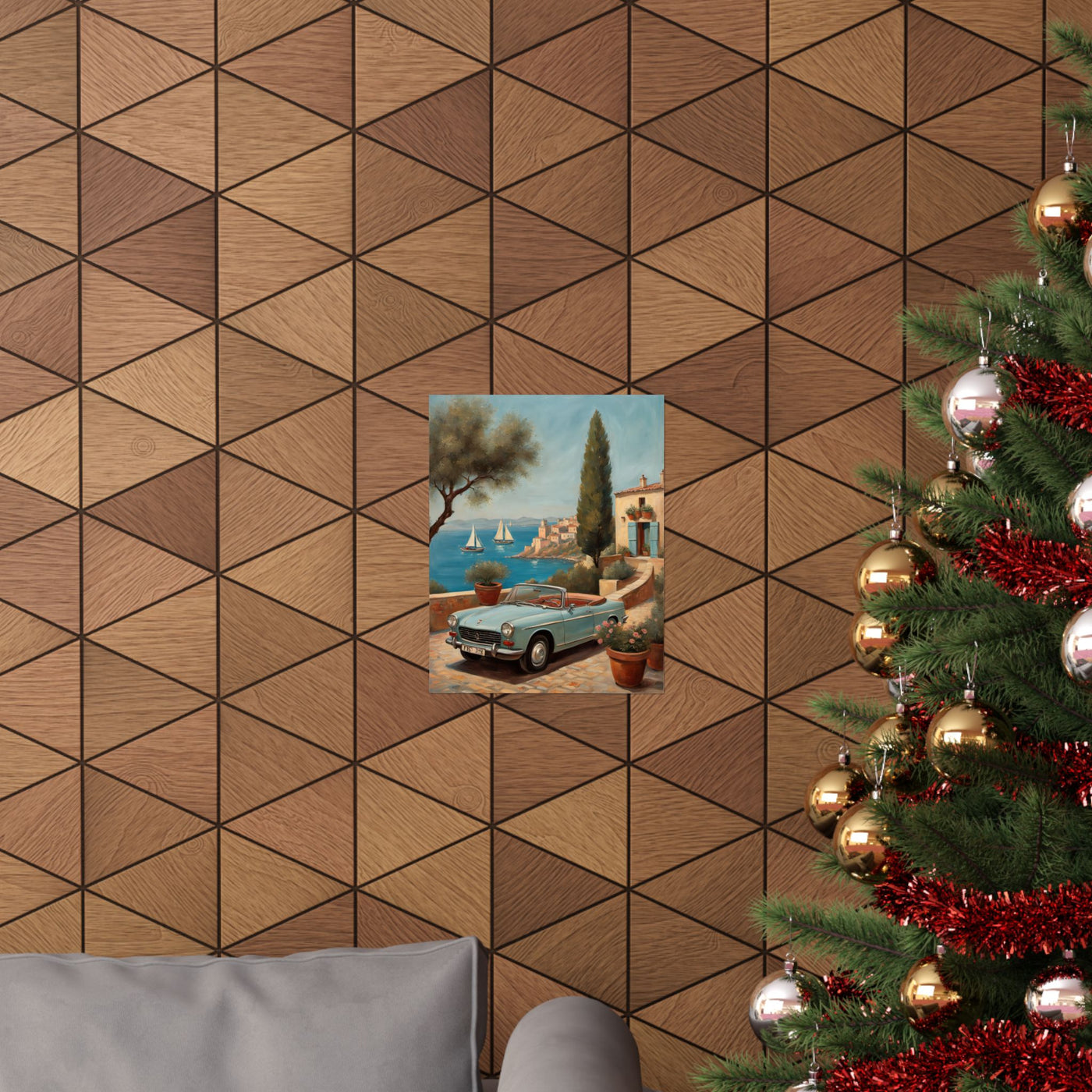 Scenic Vintage Car Art Matte Vertical Posters displayed on a wooden wall with holiday decor