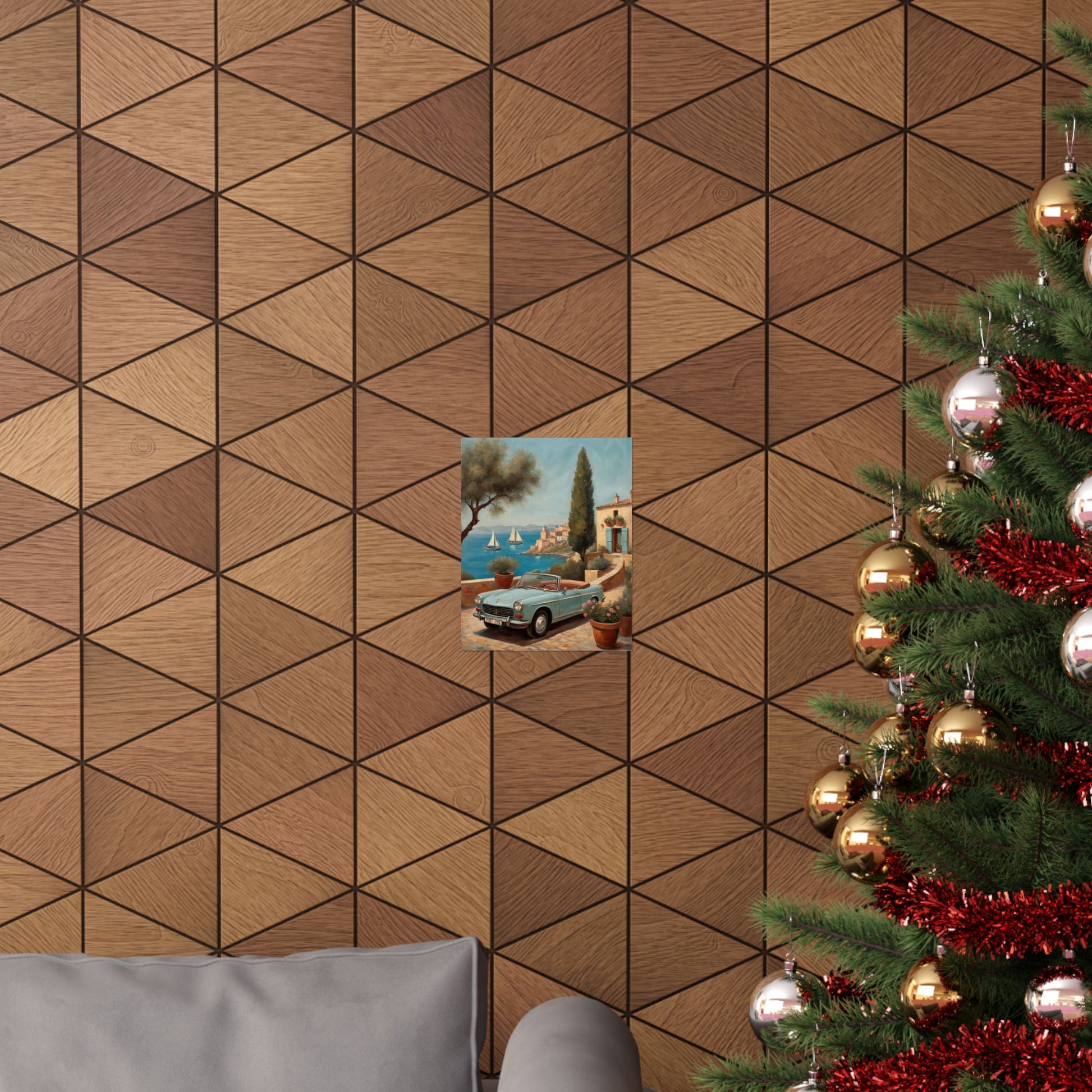 Scenic Vintage Car Art Matte Vertical Posters displayed on geometric patterned wall near a Christmas tree