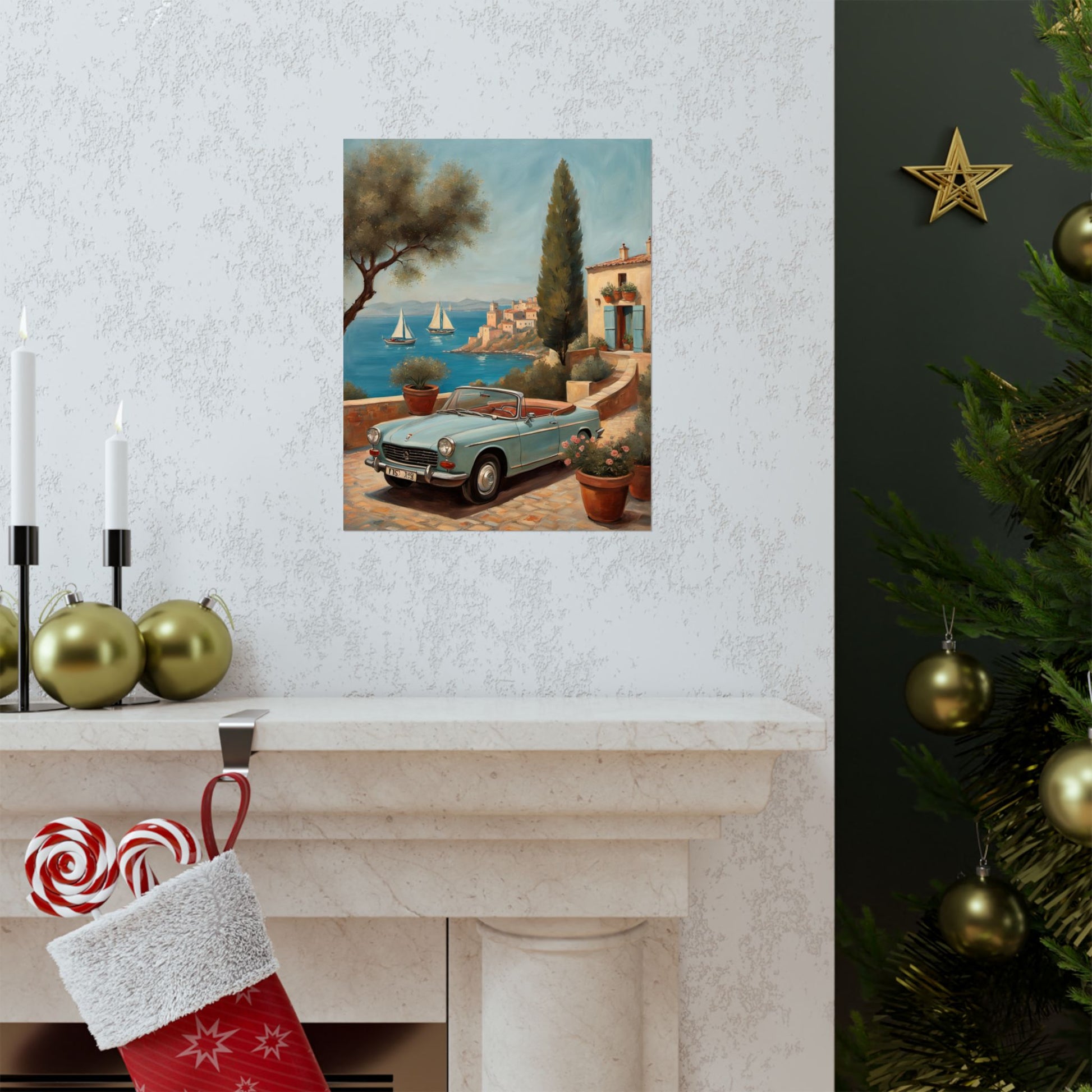 Scenic Vintage Car Art Matte Vertical Posters displayed above a mantel with holiday decor
