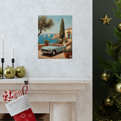 Scenic Vintage Car Art Matte Vertical Posters displayed above a mantel with holiday decor