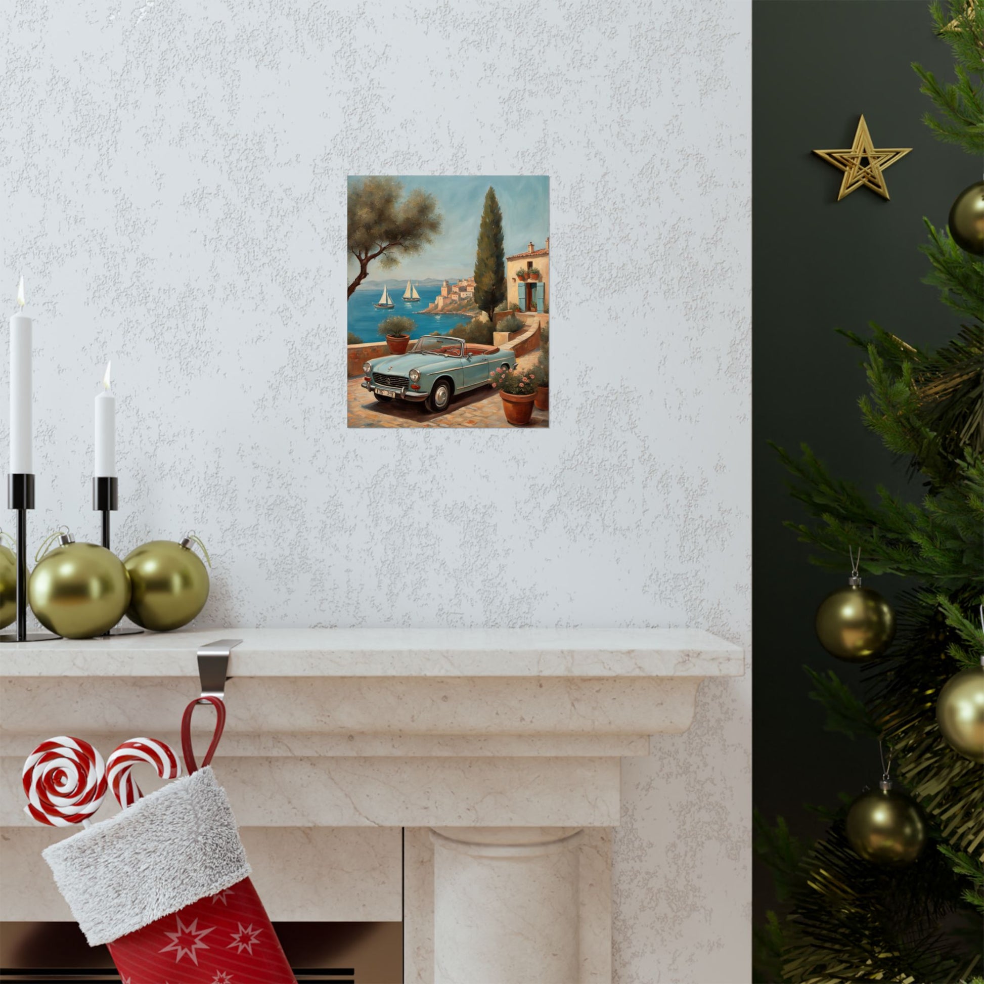 Scenic Vintage Car Art Matte Vertical Posters displayed above a modern fireplace, featuring a coastal view