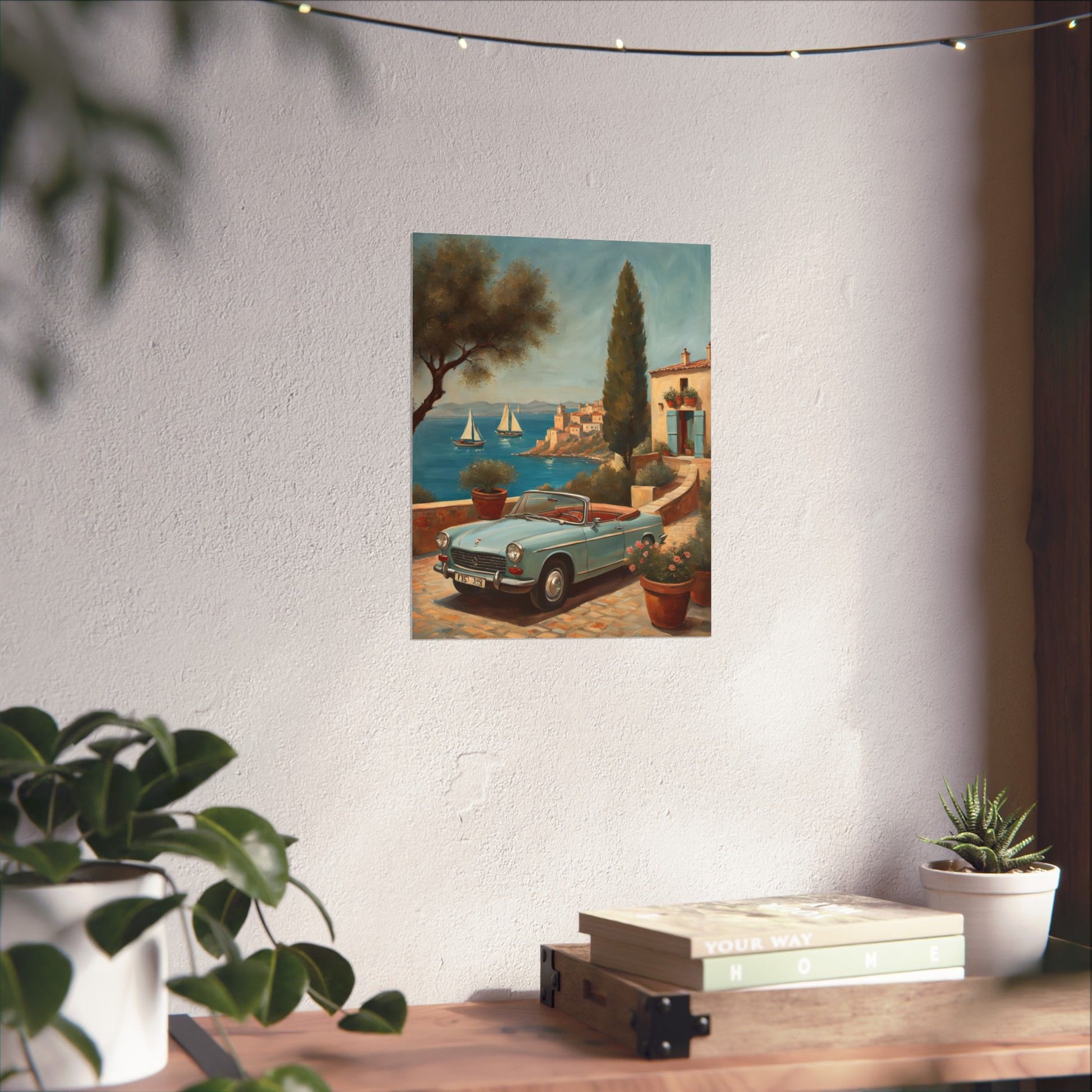 Scenic Vintage Car Art Matte Vertical Posters showcasing a classic car by the seaside with vibrant scenery