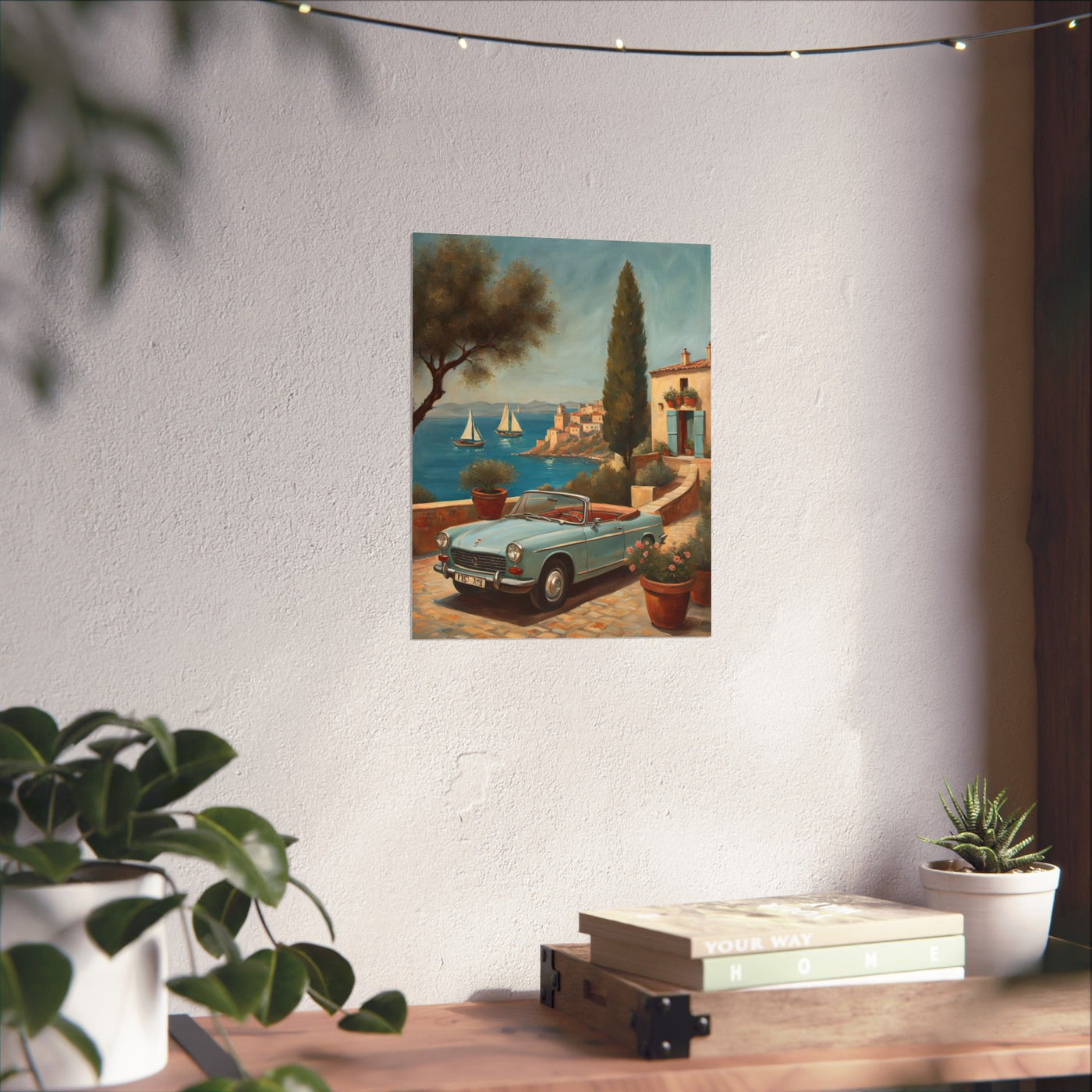 Scenic Vintage Car Art Matte Vertical Posters showcasing a classic car by the seaside with vibrant scenery