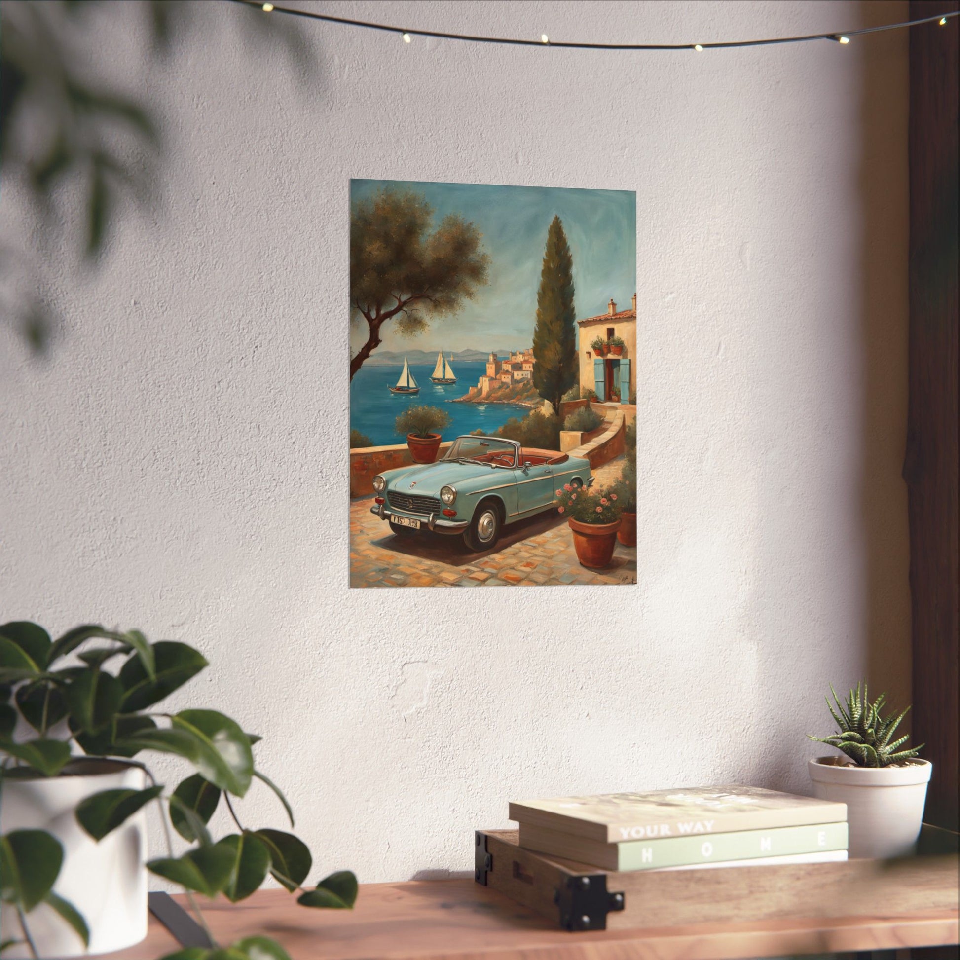 Scenic Vintage Car Art Matte Vertical Posters featuring a classic car by the sea with sailboats and a beautiful landscape