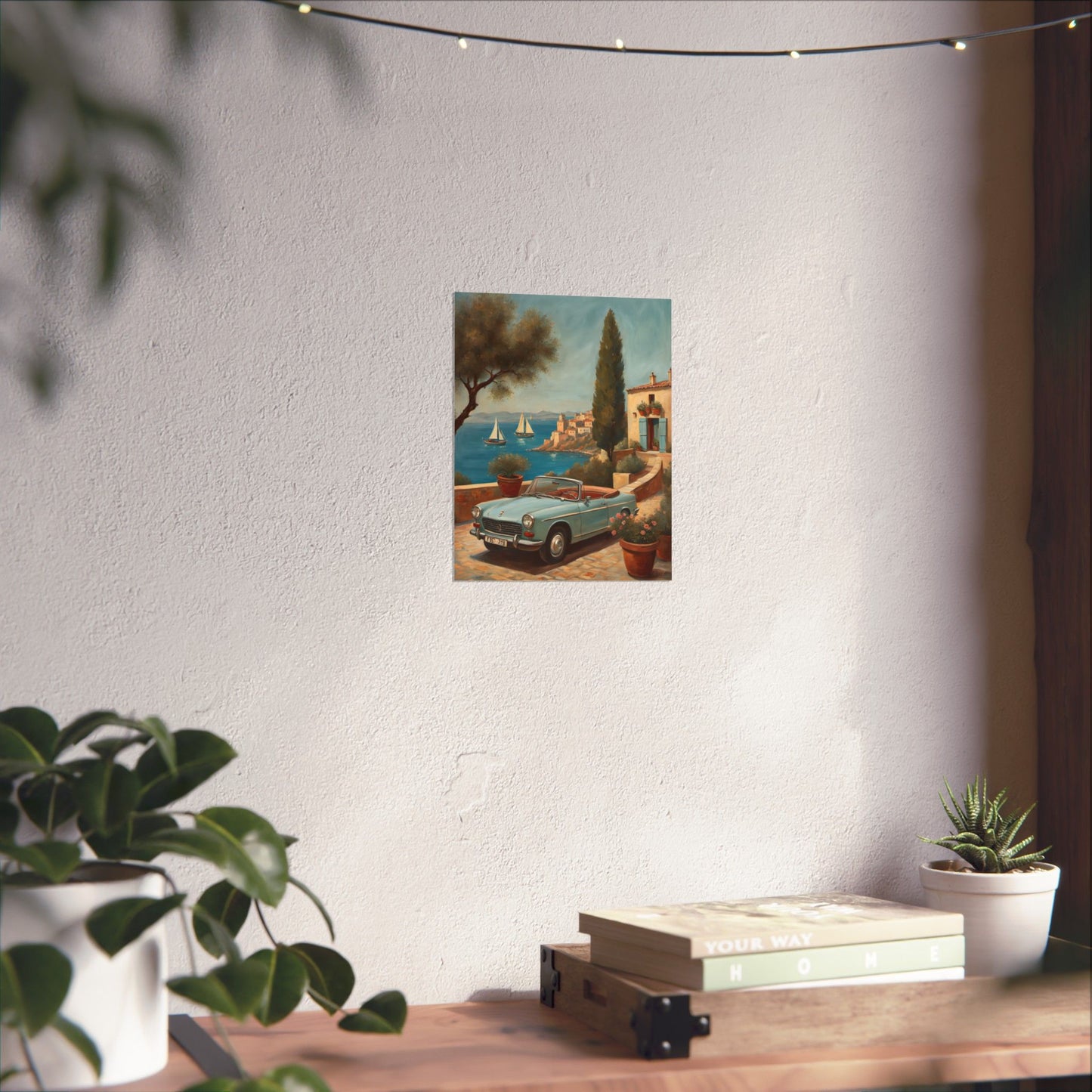 Scenic Vintage Car Art Matte Vertical Posters featuring a classic car near a coastal landscape