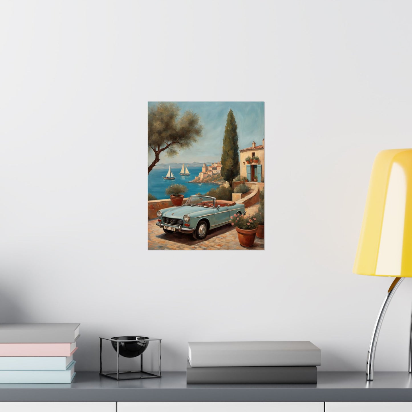 Scenic Vintage Car Art Matte Vertical Posters featuring a classic car by a coastal scene