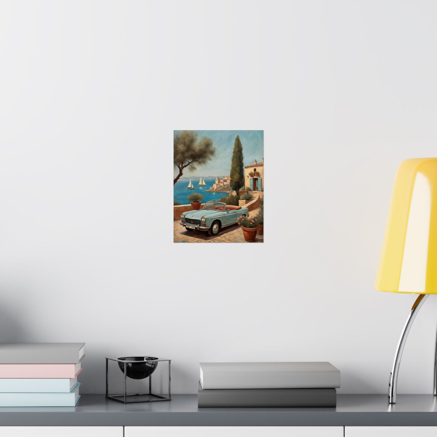 Scenic Vintage Car Art Matte Vertical Posters featuring a classic car by the seaside with sailboats