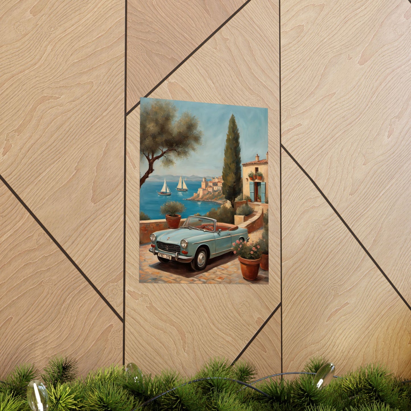 Scenic Vintage Car Art Matte Vertical Posters featuring a classic car by the seaside with sailboats in the background