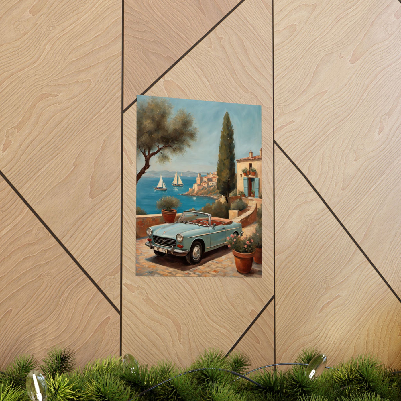 Scenic Vintage Car Art Matte Vertical Posters featuring a classic car by the seaside with sailboats in the background