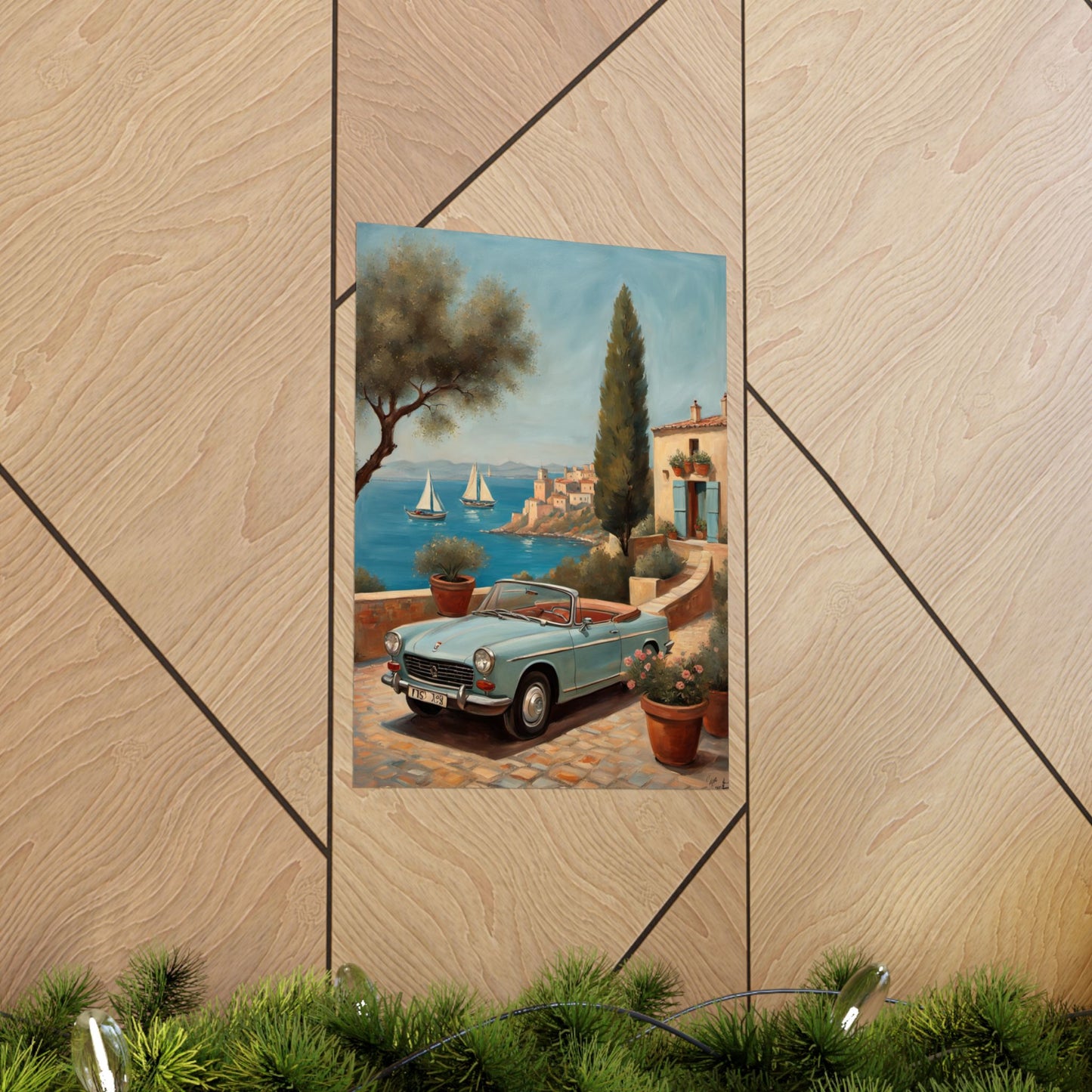 Scenic Vintage Car Art Matte Vertical Posters featuring a classic car by the seaside with lush greenery