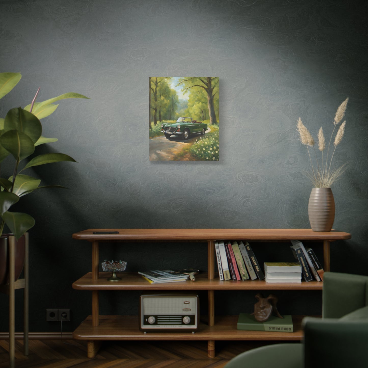 Scenic Vintage Car Canvas Wall Art featuring a classic car in a serene green landscape