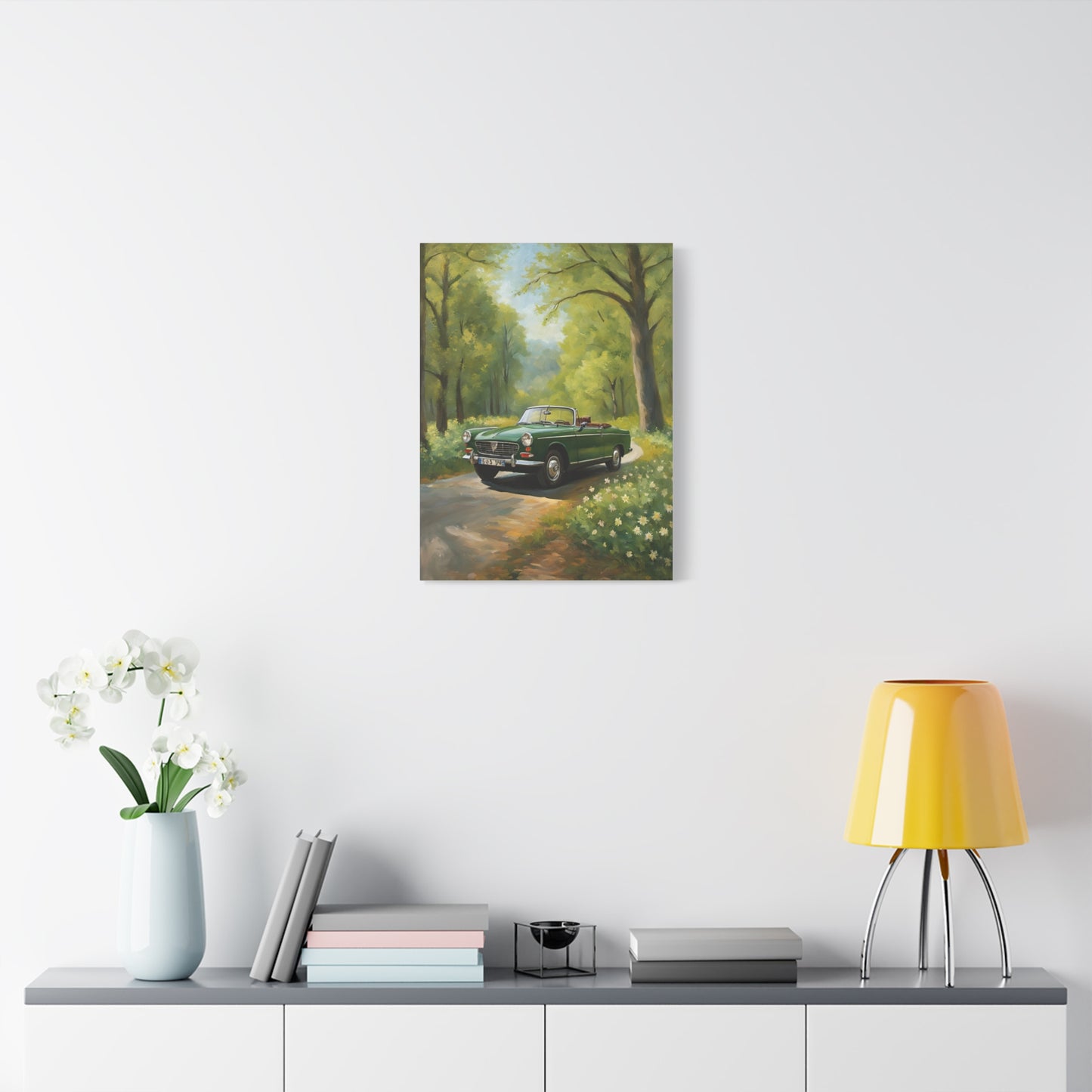 Scenic Vintage Car Canvas Wall Art featuring a classic car in a lush green setting
