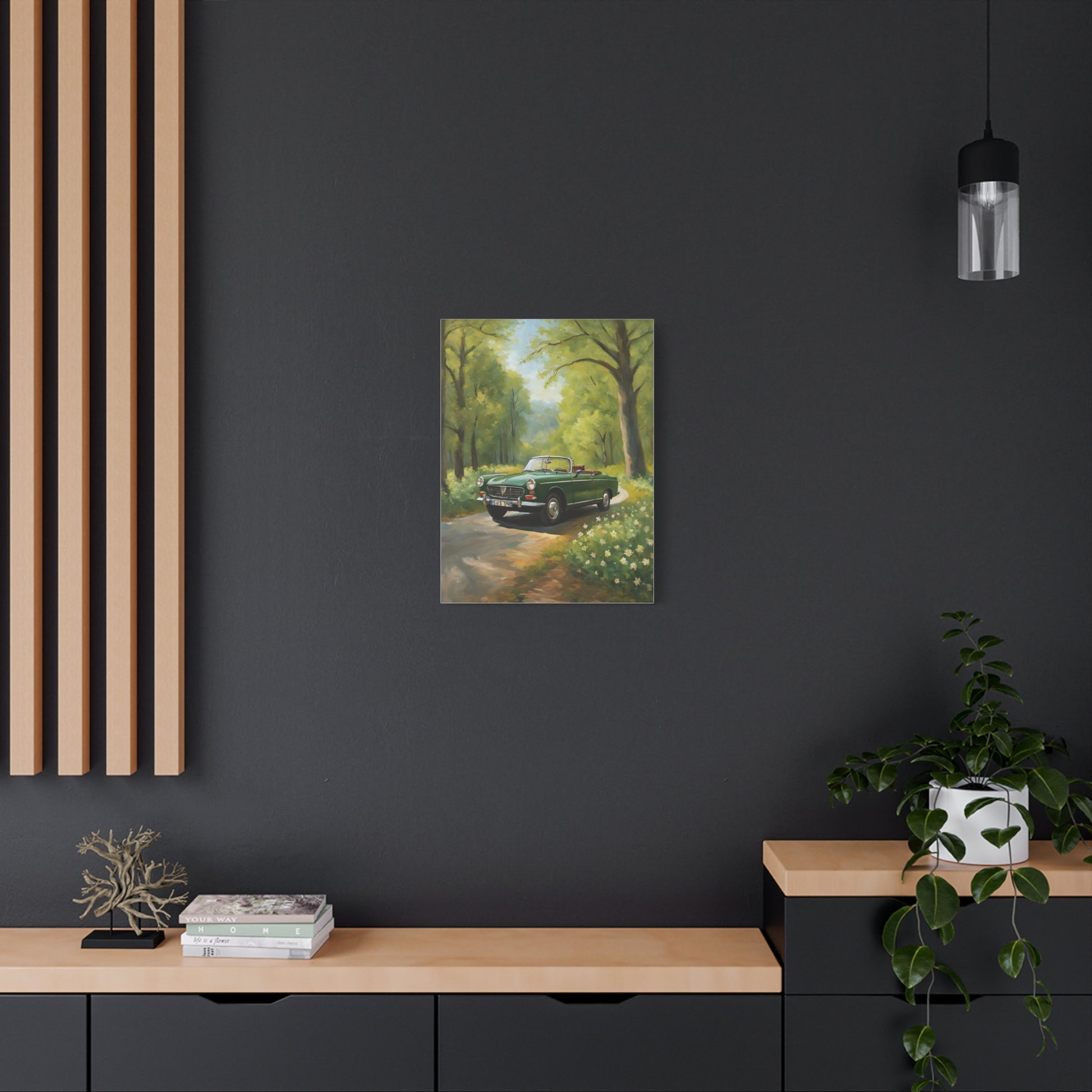 Scenic Vintage Car Canvas Wall Art featuring a classic car on a flower-lined path in a lush setting