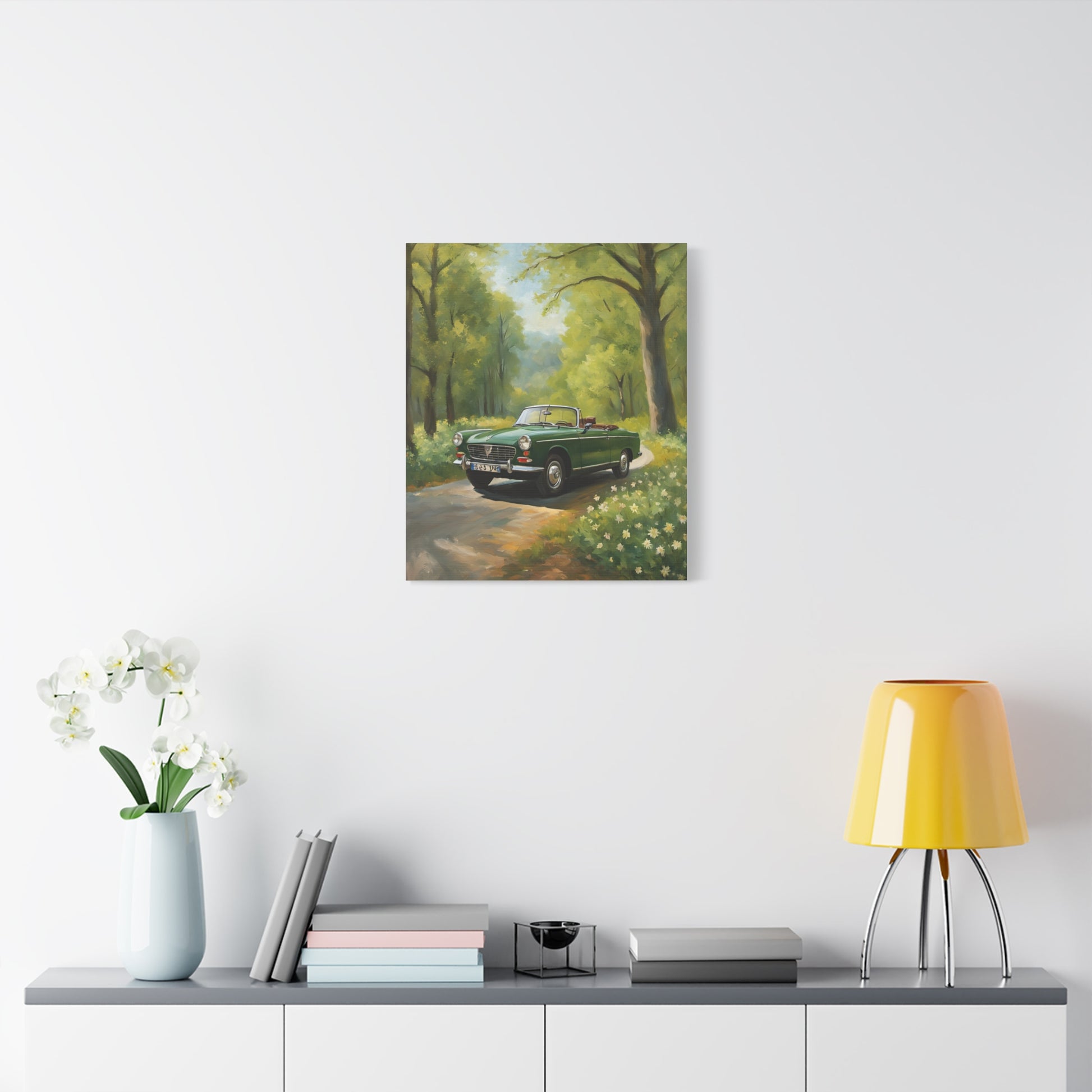 Scenic Vintage Car Canvas Wall Art featuring a classic car in a lush forest setting