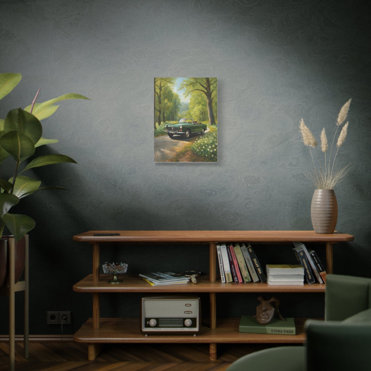 Scenic Vintage Car Canvas Wall Art in a peaceful setting with greenery and flowers