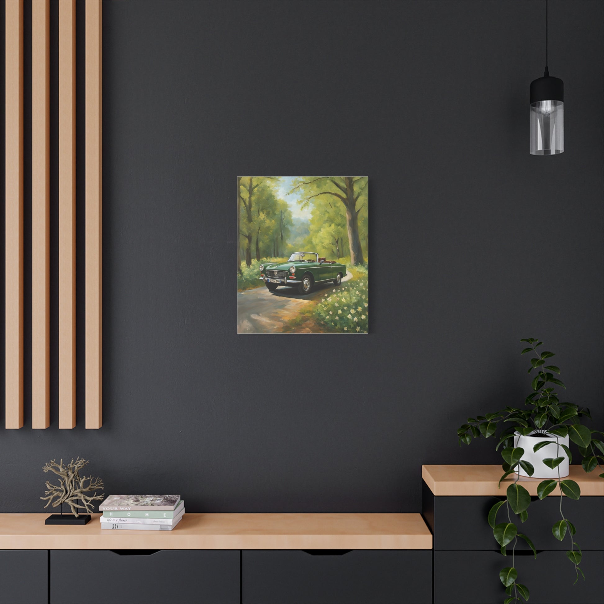 Scenic Vintage Car Canvas Wall Art featuring a classic car on a nature path surrounded by trees