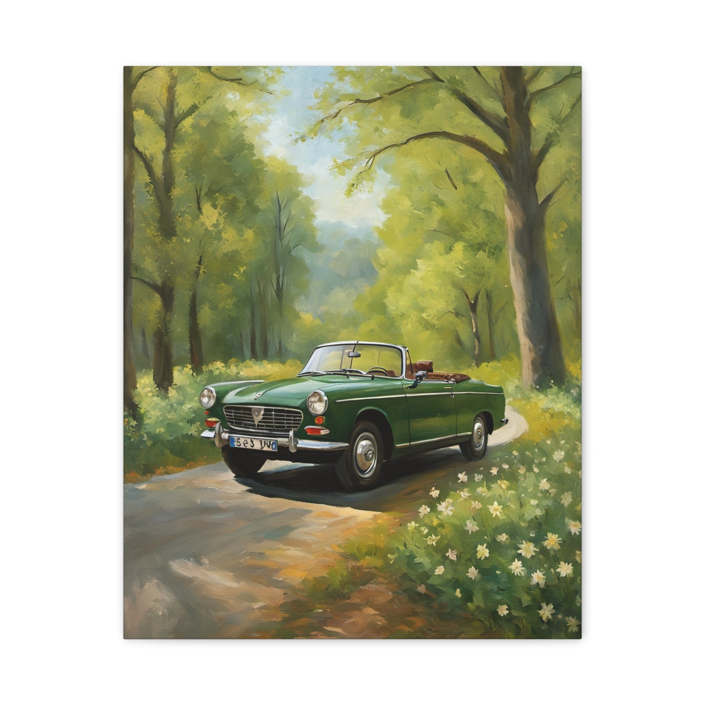 Scenic Vintage Car Canvas Wall Art featuring a green convertible on a sunny forest path