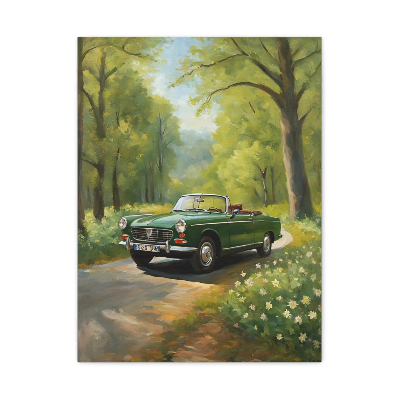 Scenic Vintage Car Canvas Wall Art featuring a classic green convertible on a forest path