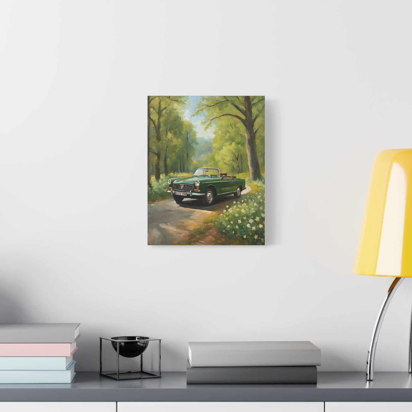 Scenic Vintage Car Canvas Wall Art showcasing a classic car on a tree-lined path with flowers