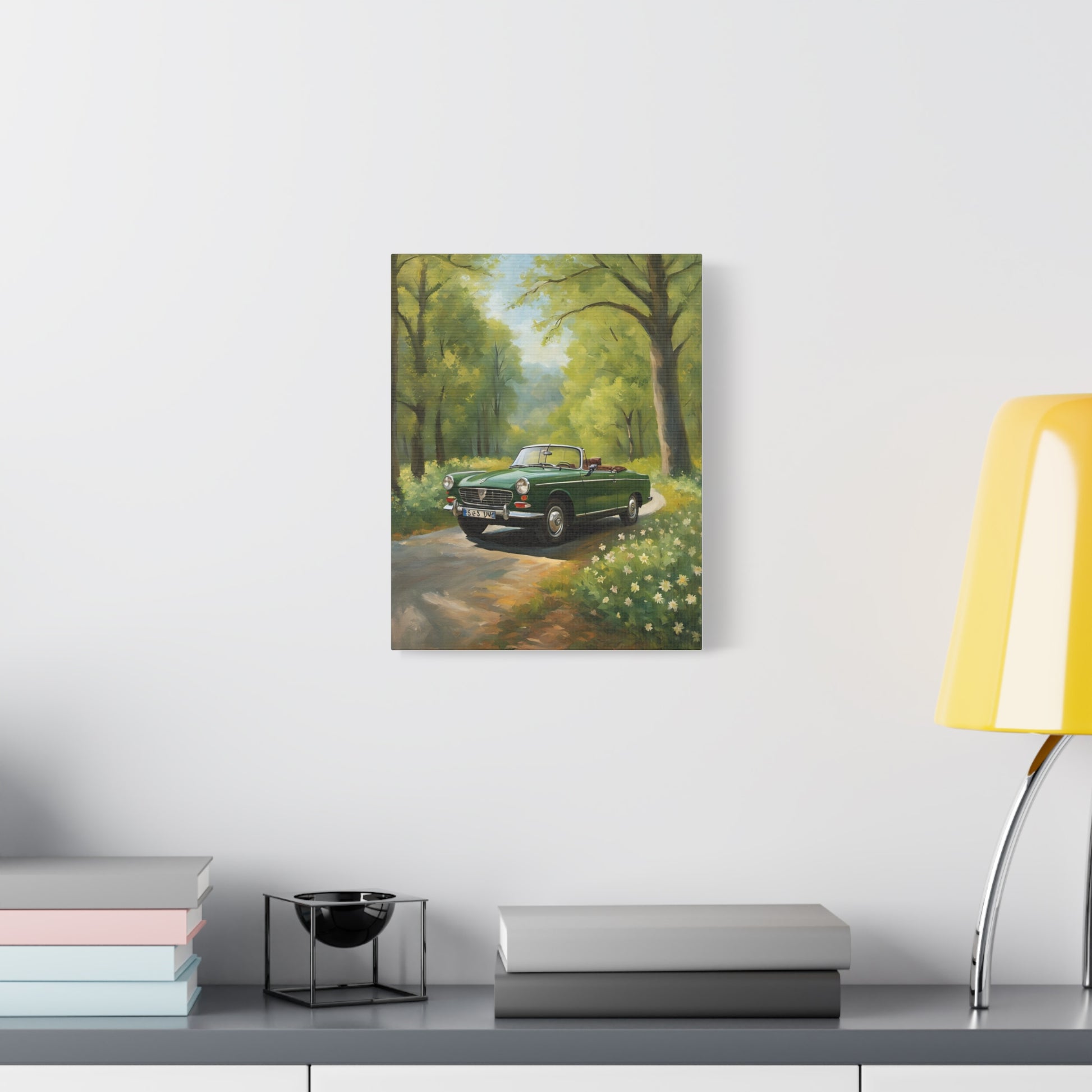 Scenic Vintage Car Canvas Wall Art showcasing a classic car on a tree-lined path with flowers