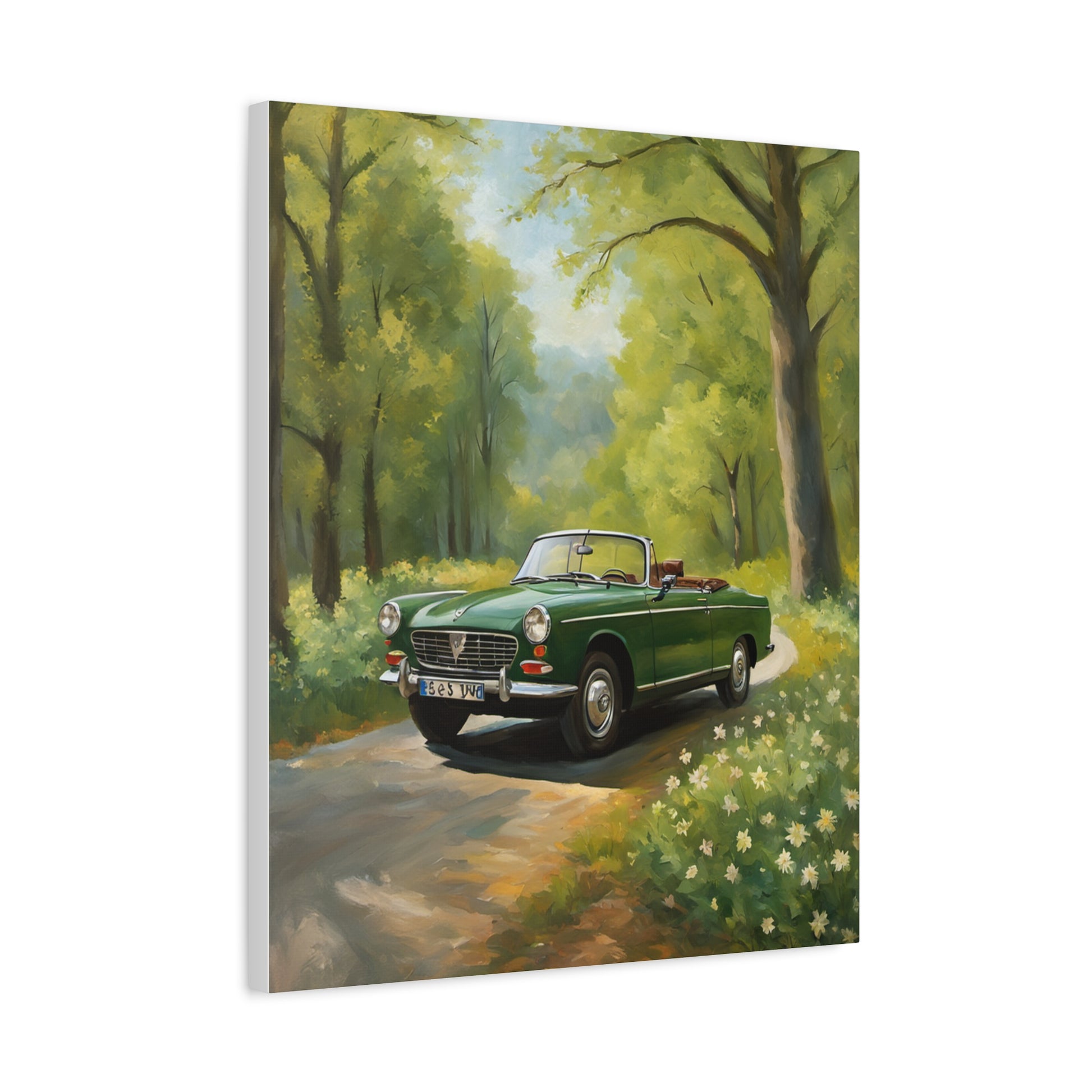Scenic Vintage Car Canvas Wall Art featuring a green convertible on a forest road surrounded by trees
