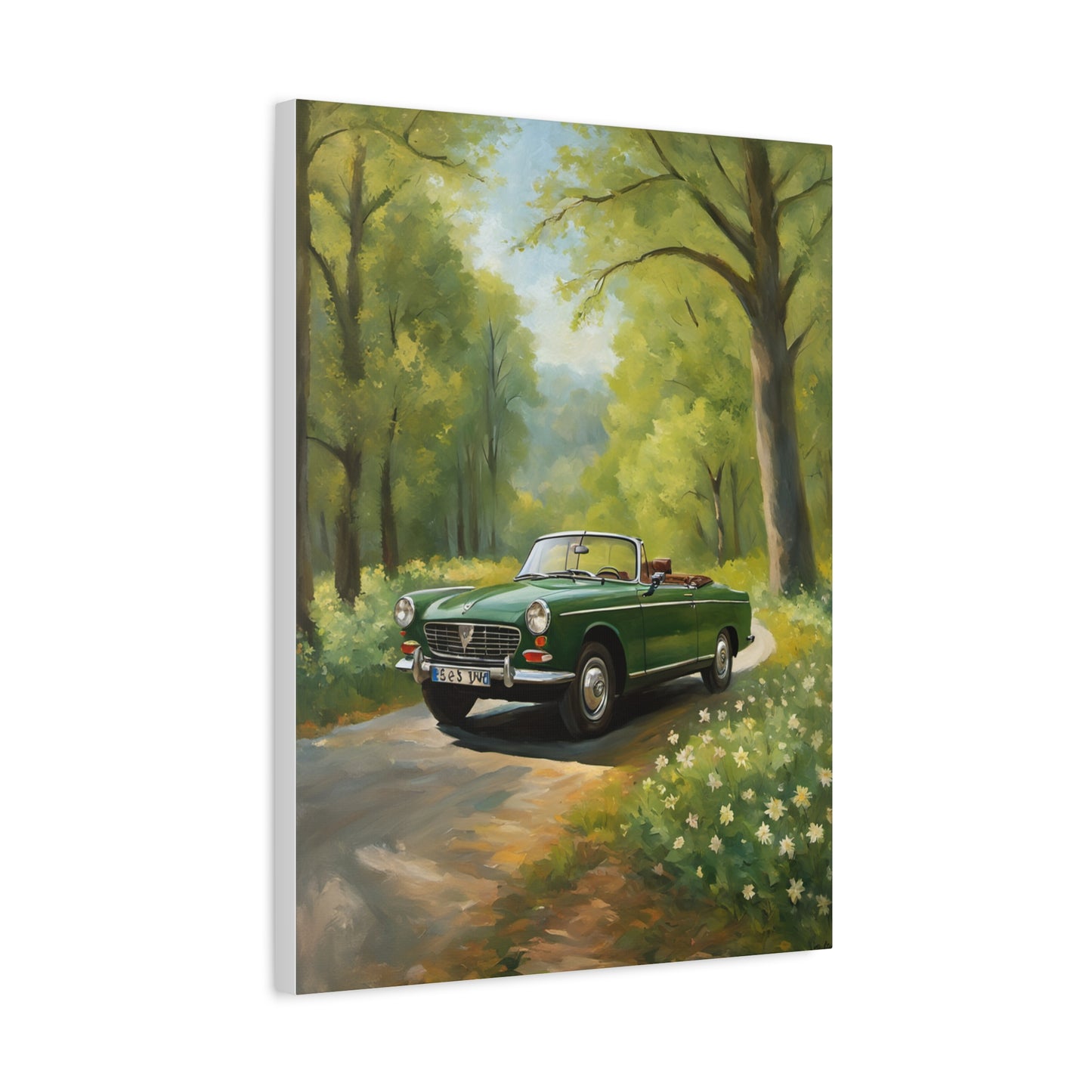 Scenic Vintage Car Canvas Wall Art featuring a green convertible on a forest path surrounded by greenery