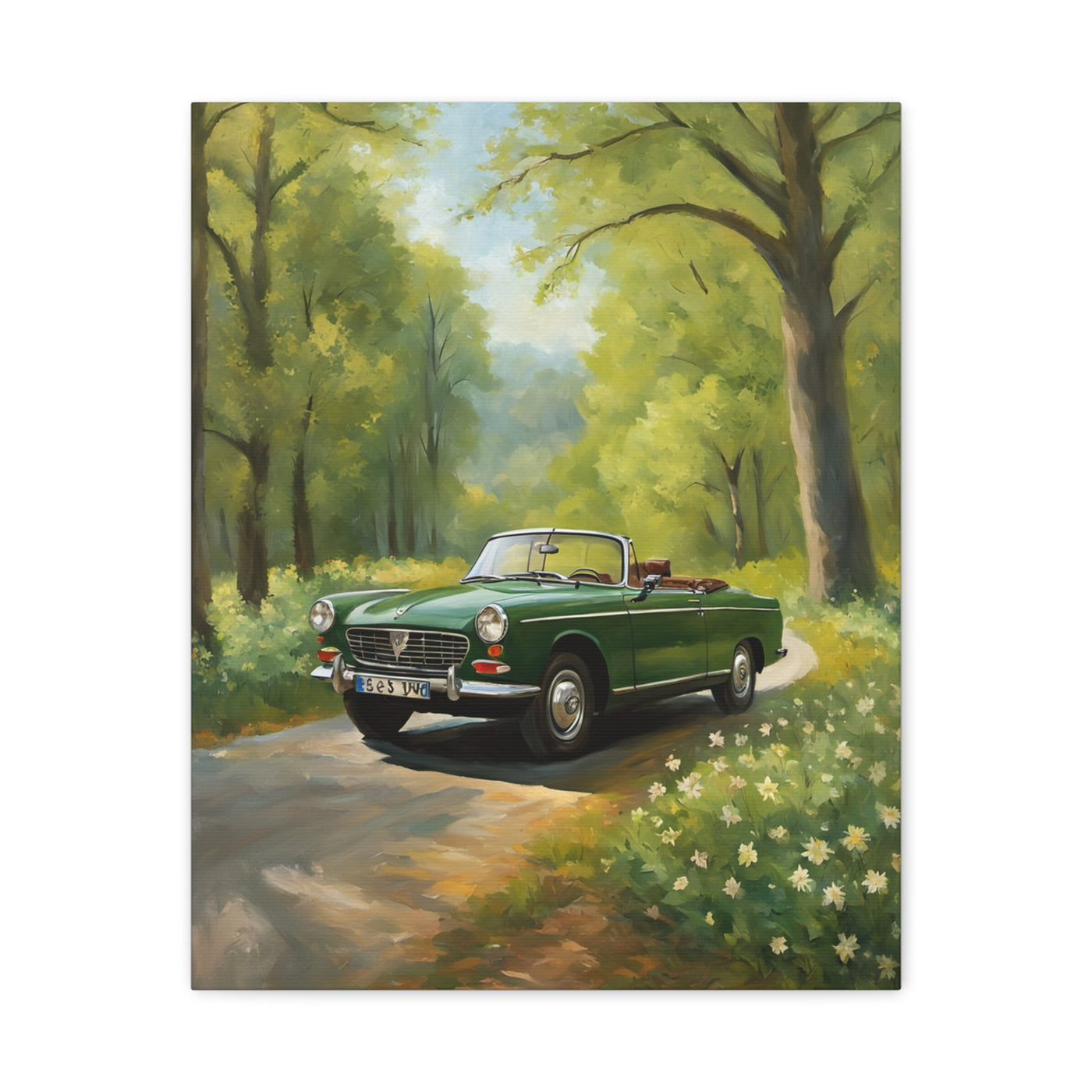 Scenic Vintage Car Canvas Wall Art featuring a green convertible driving through a sunny forest path