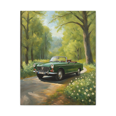 Scenic Vintage Car Canvas Wall Art featuring a green convertible driving through a sunny forest path