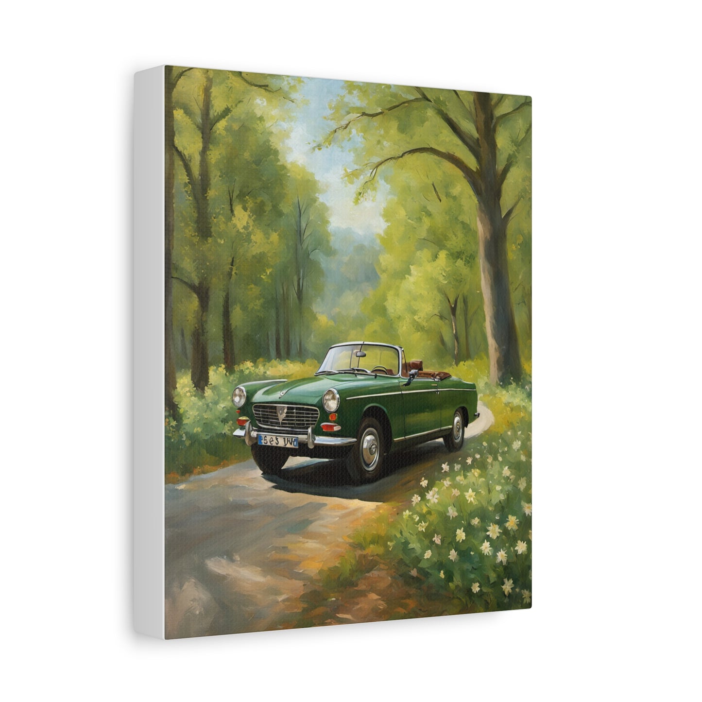 Scenic Vintage Car Canvas Wall Art featuring a classic green convertible in a lush forest setting