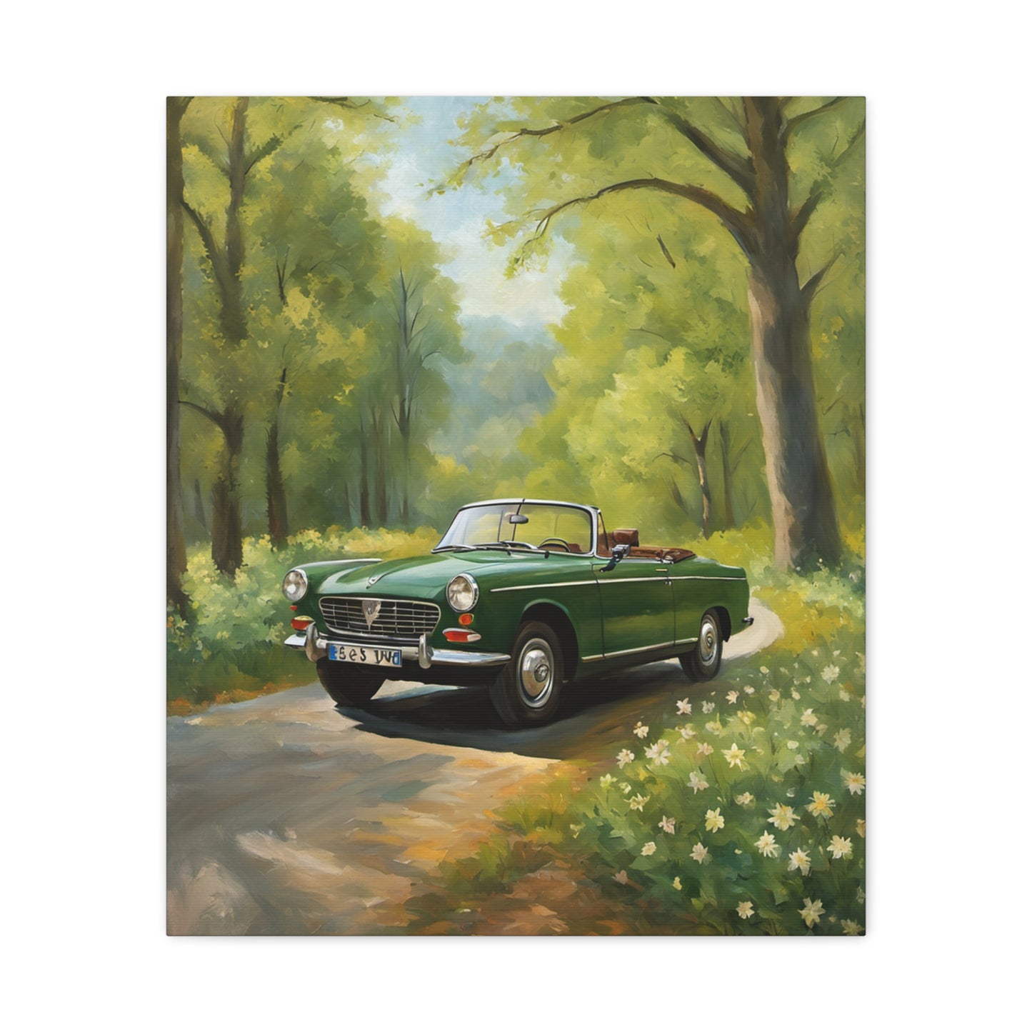 Scenic Vintage Car Canvas Wall Art featuring a green convertible driving on a forest road surrounded by flowers