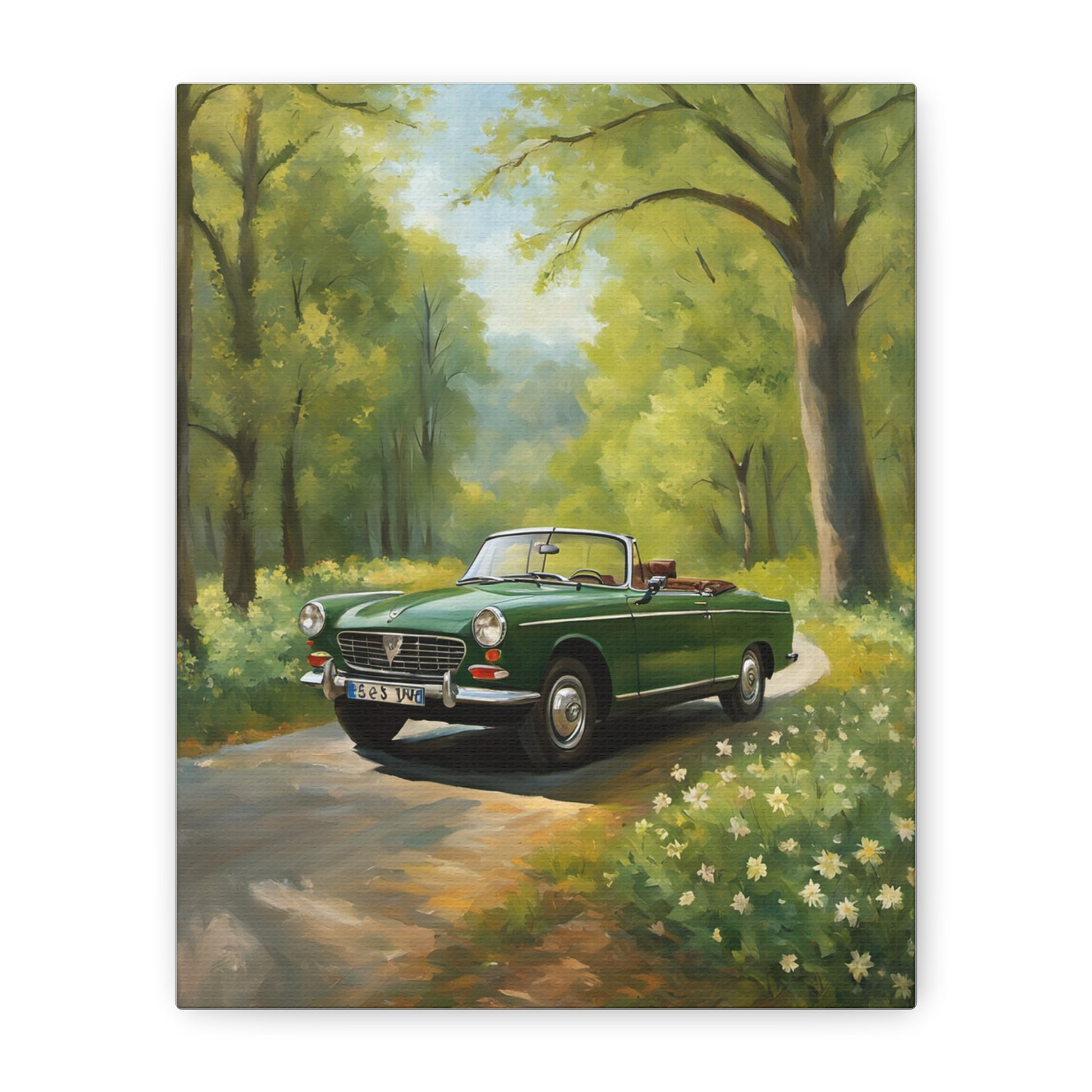 Scenic Vintage Car Canvas Wall Art featuring a green convertible driving through a sunny forest path