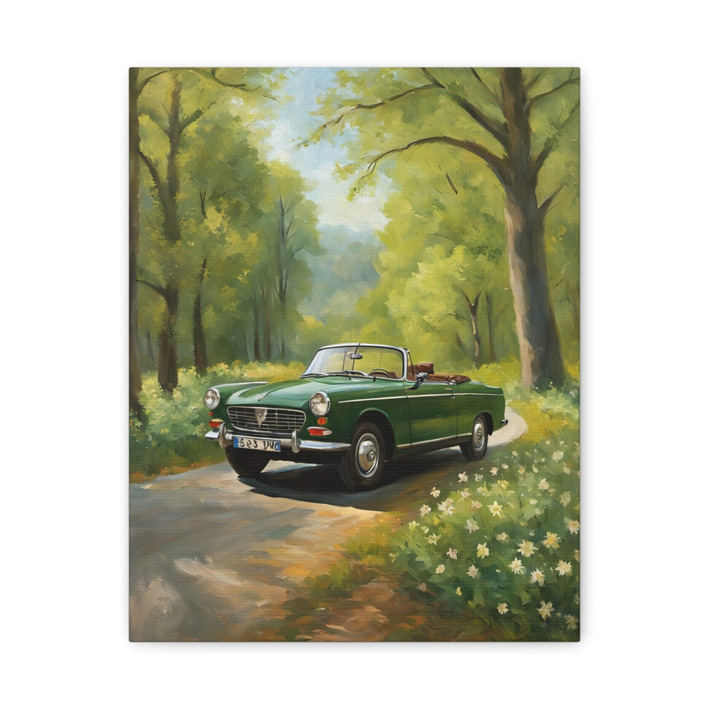 Scenic Vintage Car Canvas Wall Art featuring a green convertible on a winding path in a lush forest