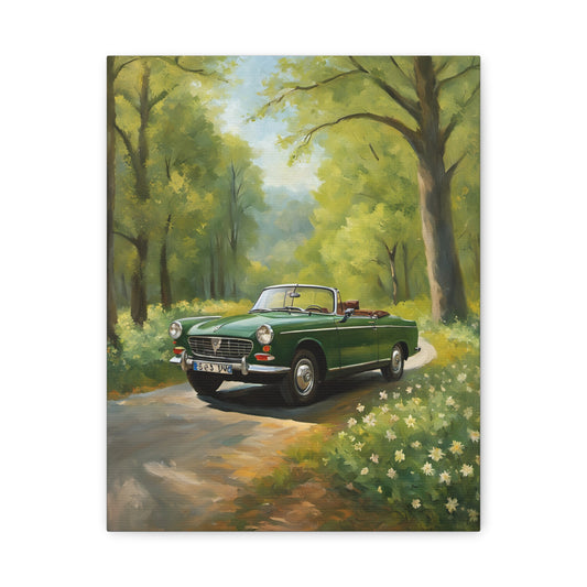 Scenic Vintage Car Canvas Wall Art featuring a green convertible on a winding path in a lush forest