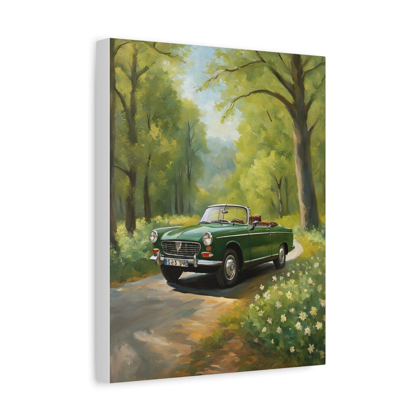 Scenic Vintage Car Canvas Wall Art featuring a green convertible in a lush forest setting