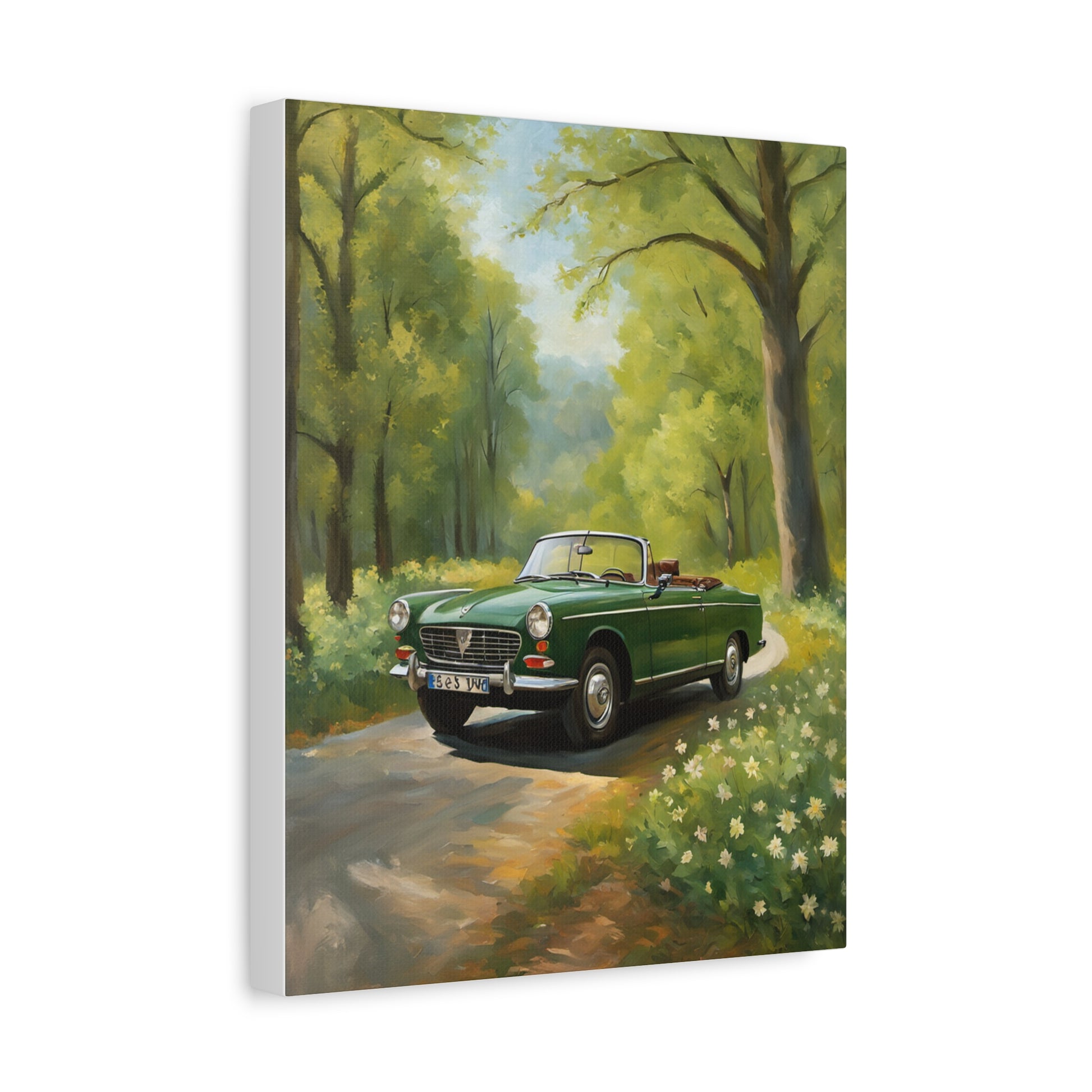Scenic Vintage Car Canvas Wall Art featuring a green convertible in a lush forest setting