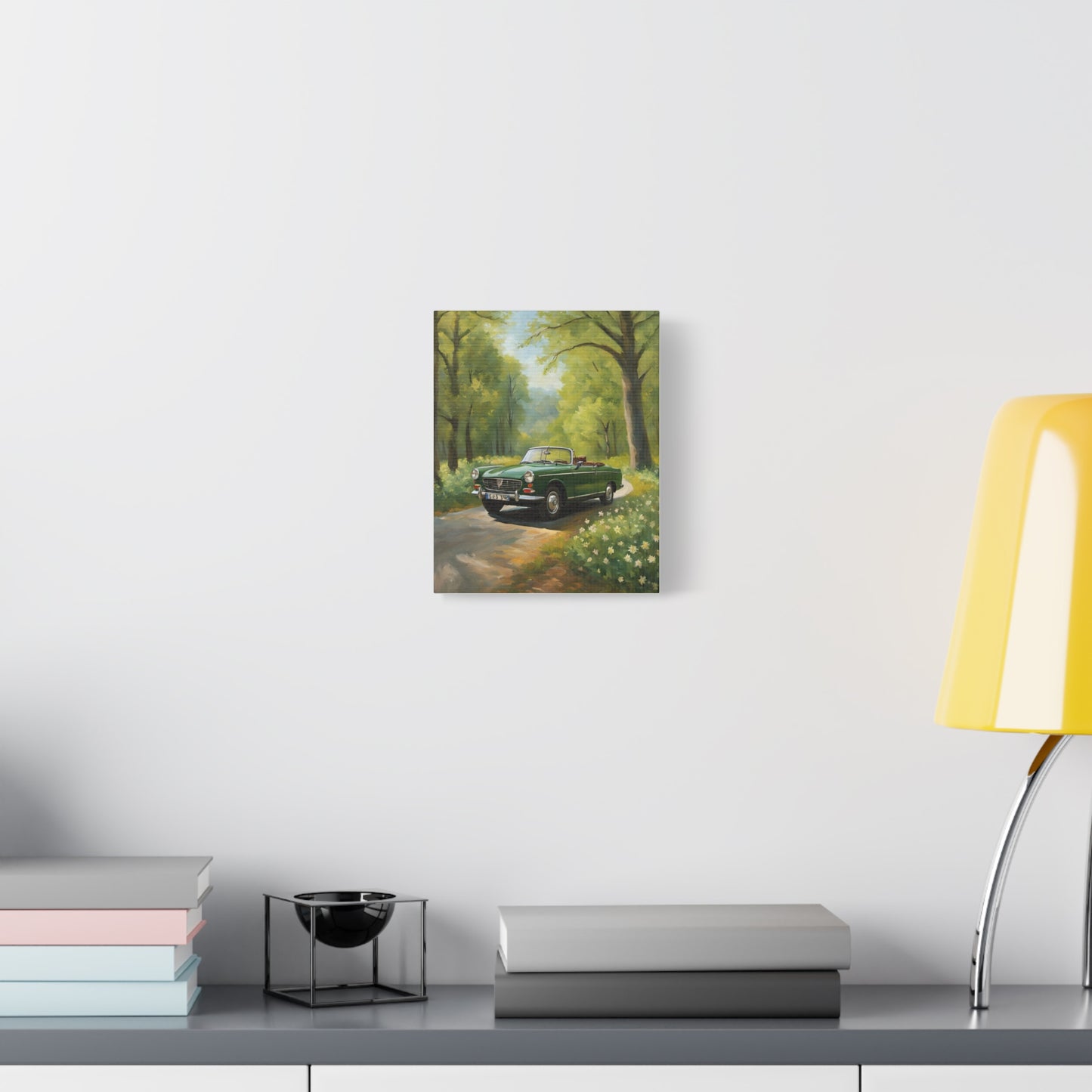 Scenic Vintage Car Canvas Wall Art displayed on a modern shelf with a lamp and books