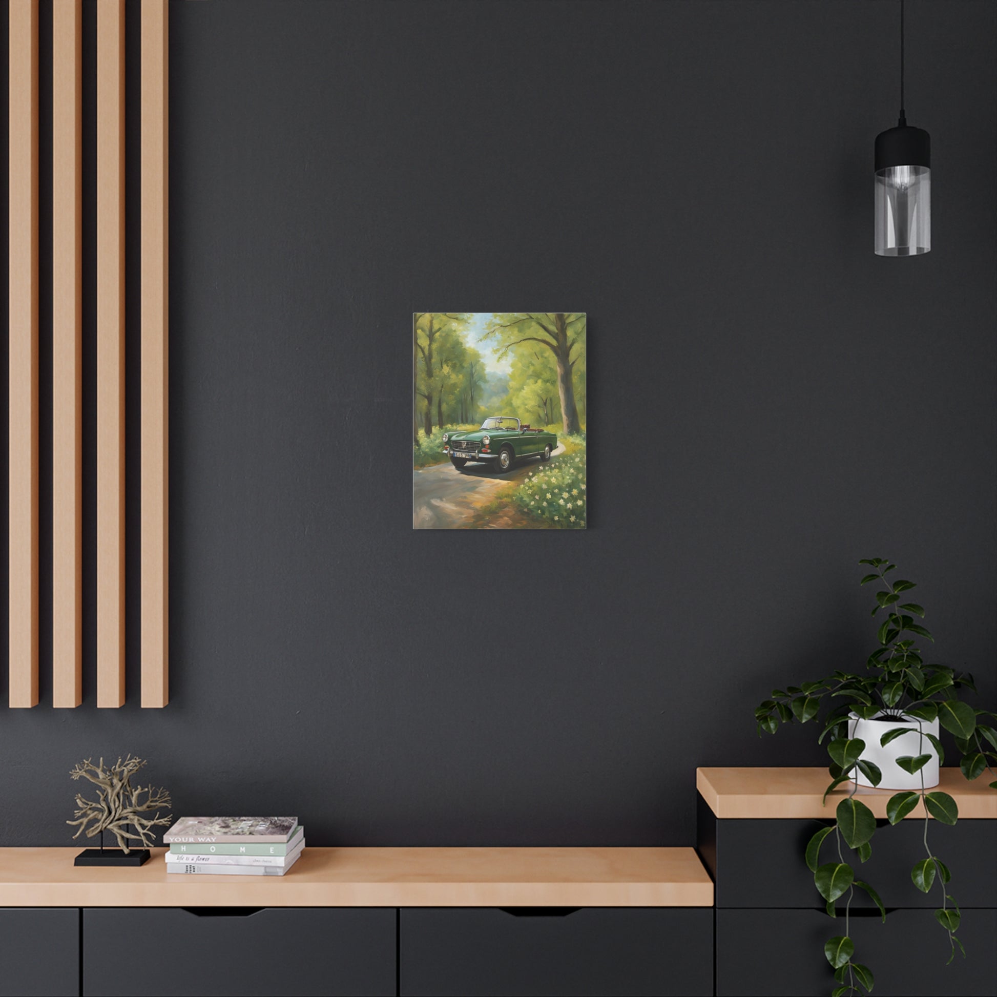 Scenic Vintage Car Canvas Wall Art featuring a classic car surrounded by lush greenery