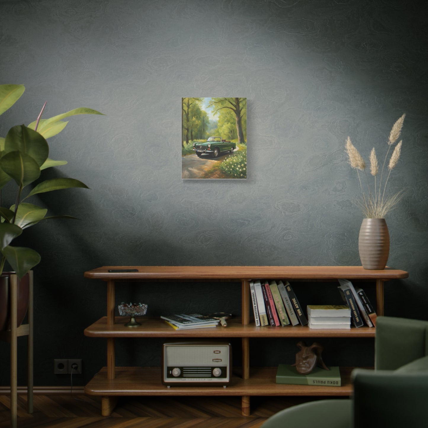 Scenic Vintage Car Canvas Wall Art showcasing a classic car in a serene natural setting