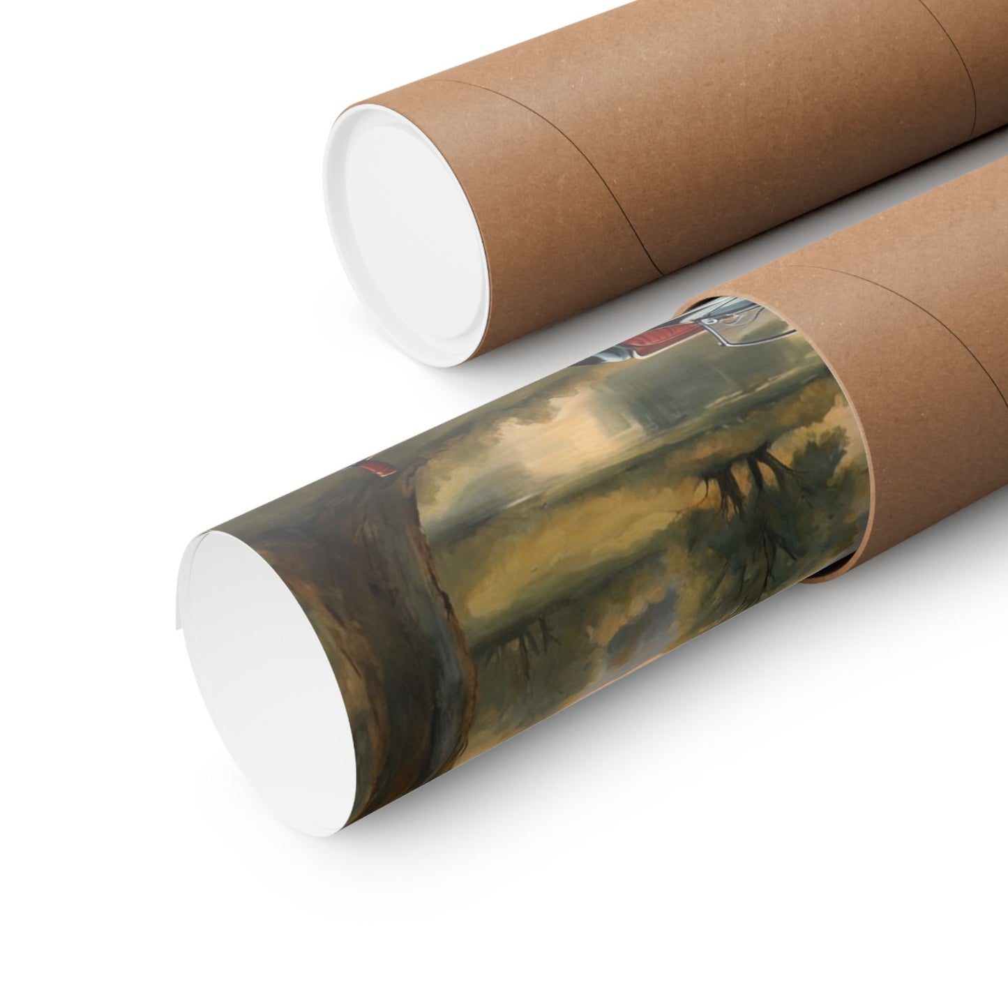 Scenic Vintage Car Matte Vertical Poster rolled in a kraft paper tube for easy storage